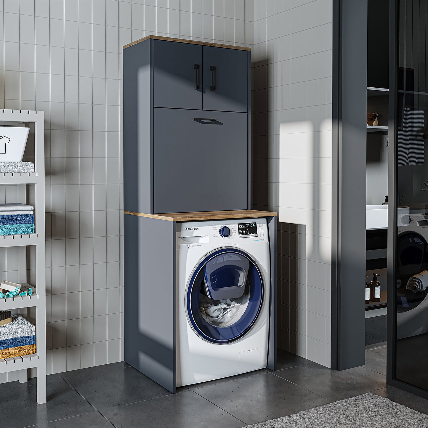 Roomart, Waschmaschinenschrank LUNA, Waschmaschinenüberbau mit Wäschekorb, BHT: 65 X 181 X 65 cm, in Weiß, Eiche, Anthrazit Eiche, Eiche - waschmaschinenschrank, waschmaschinenregal, waschturm, schrank, weiß, waschmaschinen, unterschrank, waschmaschine, t