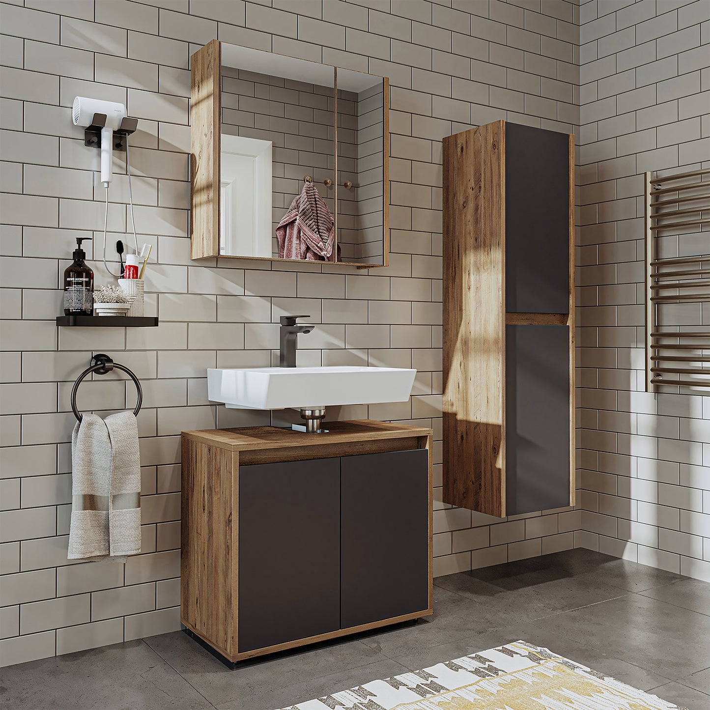 Roomart Badmöbel Set MELONA 3-teilig, in 4 Farben, 65cm Unterschrank • Spiegelschrank • Hochschrank-badezimmerschrank, waschbecken, badezimmermöbel, badschrank, badezimmer, mit, unterschrank, badmöbel, set, waschtisch, möbel, badezimmermãbel, bad, badezim