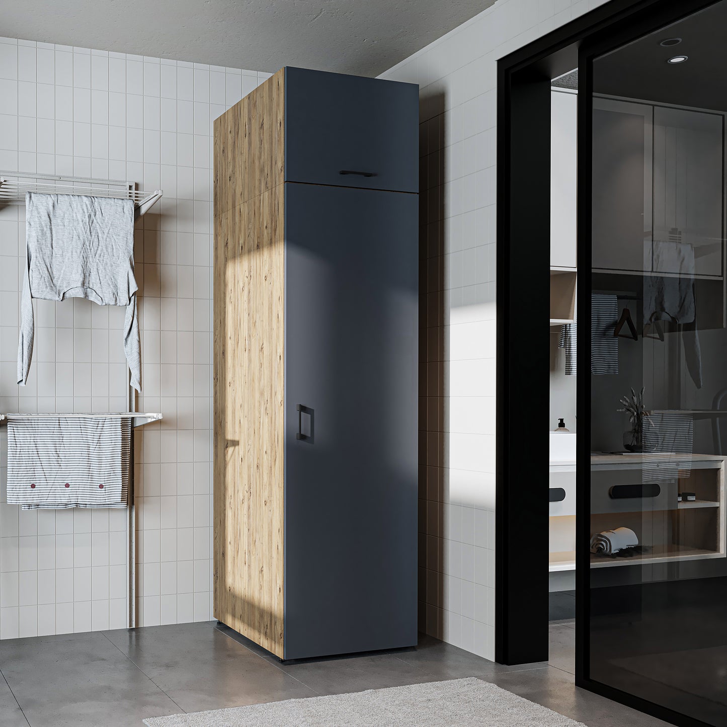 Roomart • DORA Hochschrank 60cm Breit • Weiß • Weiß Eiche • Eiche • Anthracit Eiche - waschmaschinenschrank, waschmaschinenregal, waschturm, schrank, weiß, waschmaschinen, unterschrank, waschmaschine, trockner, haushaltsschrank, schränke, badschrank, hoch