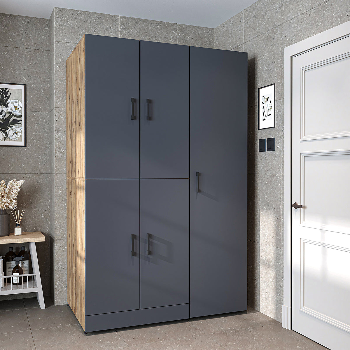 Armadio per lavatrice "DORA SET" per asciugatrice e lavatrice, larghezza 115 cm, in 4 colori, con ante e ripiano estraibile - bianco - rovere bianco - rovere antracite - rovere - armadio per lavatrice, scaffale per lavatrice, torre per lavatrice, armadio, bianco, lavatrice
