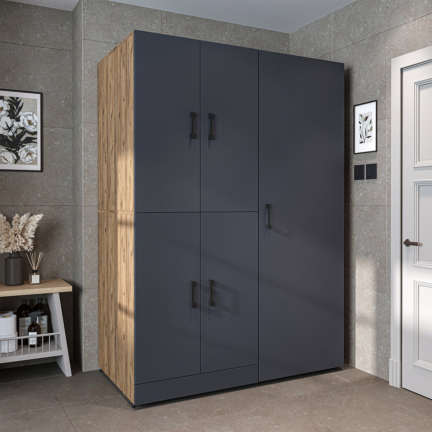 Roomart Waschmaschinenschrank " DORA SET" für Trockner & Waschmaschine, 130 cm breit, in 4 Farben, mit Türen & Ausziehbrett • Weiß • Weiß Eiche • Anthrazit Eiche • Eiche - waschmaschinenschrank, waschmaschinenregal, waschturm, schrank, weiß, waschmaschine
