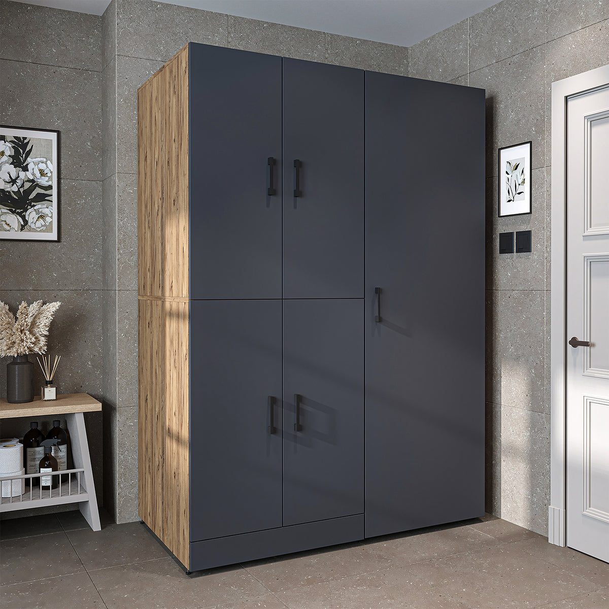 Armadio per lavatrice "DORA SET" per asciugatrice e lavatrice, larghezza 130 cm, in 4 colori, con ante e ripiano estraibile - bianco - rovere bianco - rovere antracite - rovere - armadio per lavatrice, scaffale per lavatrice, torre per lavatrice, armadio, bianco, lavatrice