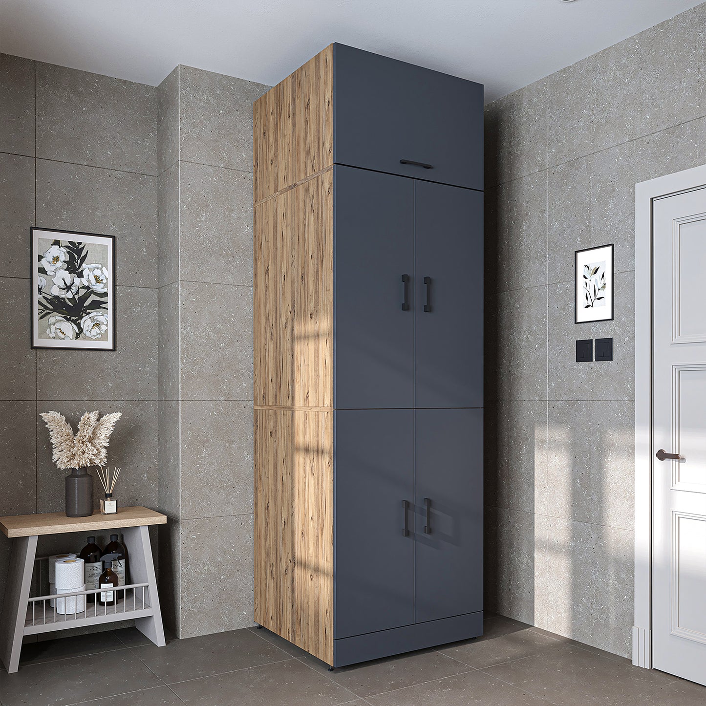 Roomart Waschmaschinenschrank " DORA " für Trockner & Waschmaschine, in 4 Farben, mit Türen & Ausziehbrett • Weiß • Weiß Eiche • Anthrazit Eiche • Eiche - waschmaschinenschrank, waschmaschinenregal, waschturm, schrank, weiß, waschmaschinen, unterschrank,