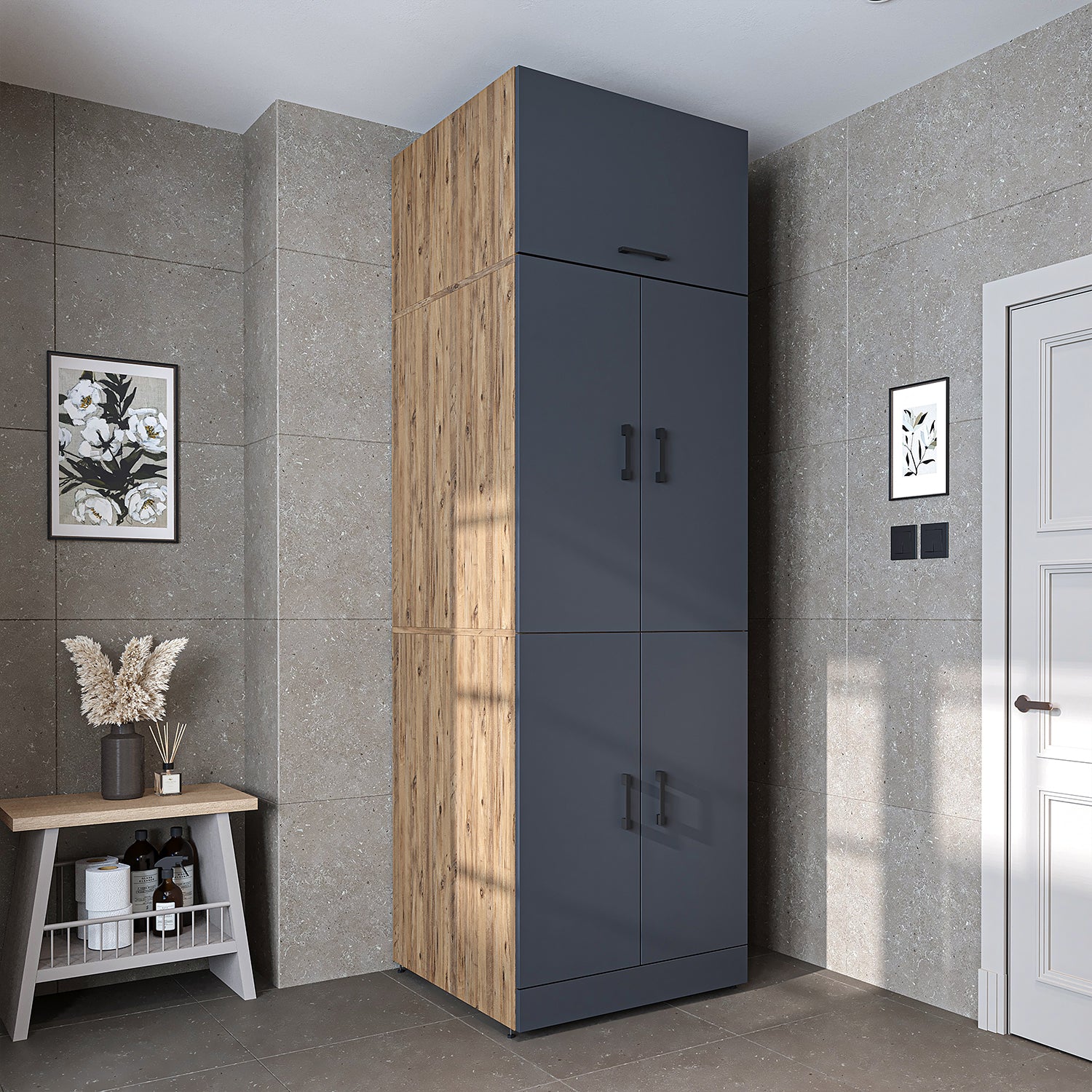 Roomart Waschmaschinenschrank " DORA " für Trockner & Waschmaschine, in 4 Farben, mit Türen & Ausziehbrett • Weiß • Weiß Eiche • Anthrazit Eiche • Eiche - waschmaschinenschrank, waschmaschinenregal, waschturm, schrank, weiß, waschmaschinen, unterschrank,