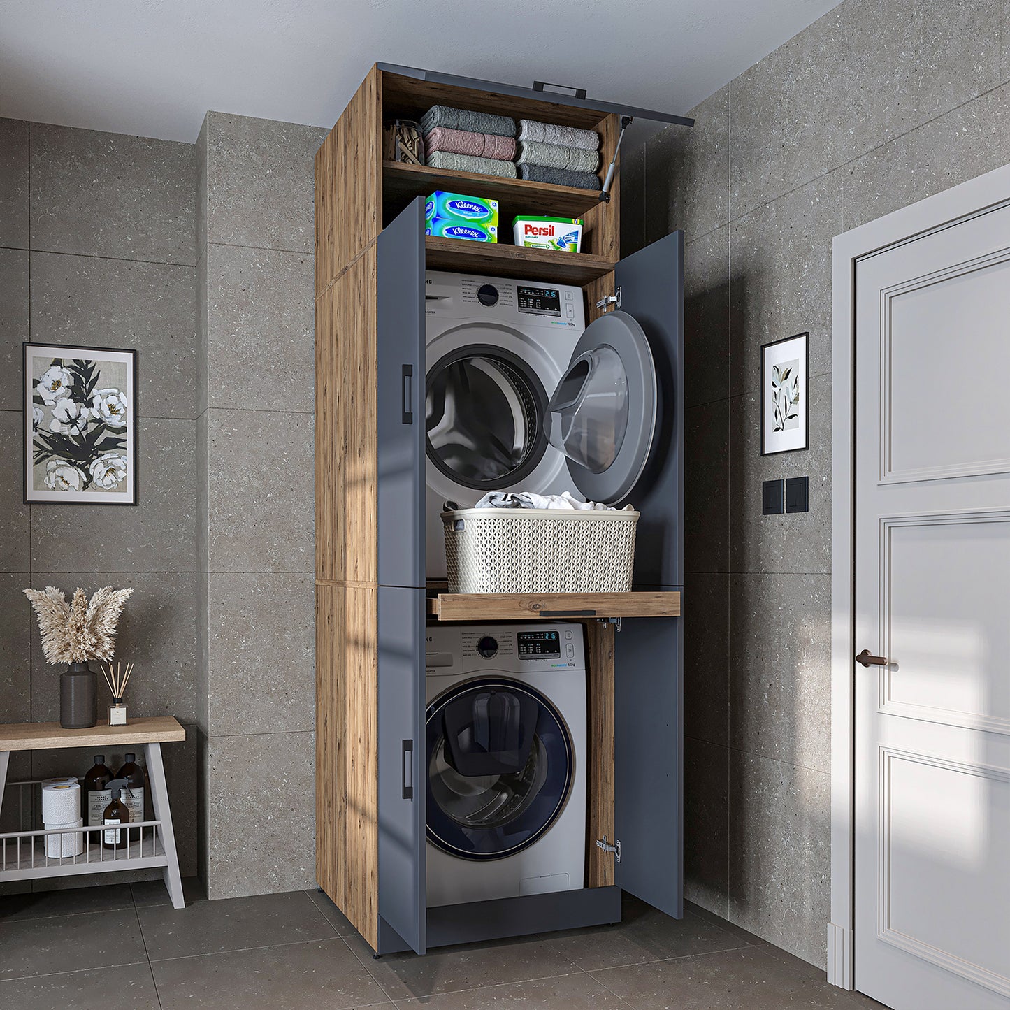 Roomart Waschmaschinenschrank " DORA " für Trockner & Waschmaschine, in 4 Farben, mit Türen & Ausziehbrett • Weiß • Weiß Eiche • Anthrazit Eiche • Eiche - waschmaschinenschrank, waschmaschinenregal, waschturm, schrank, weiß, waschmaschinen, unterschrank,