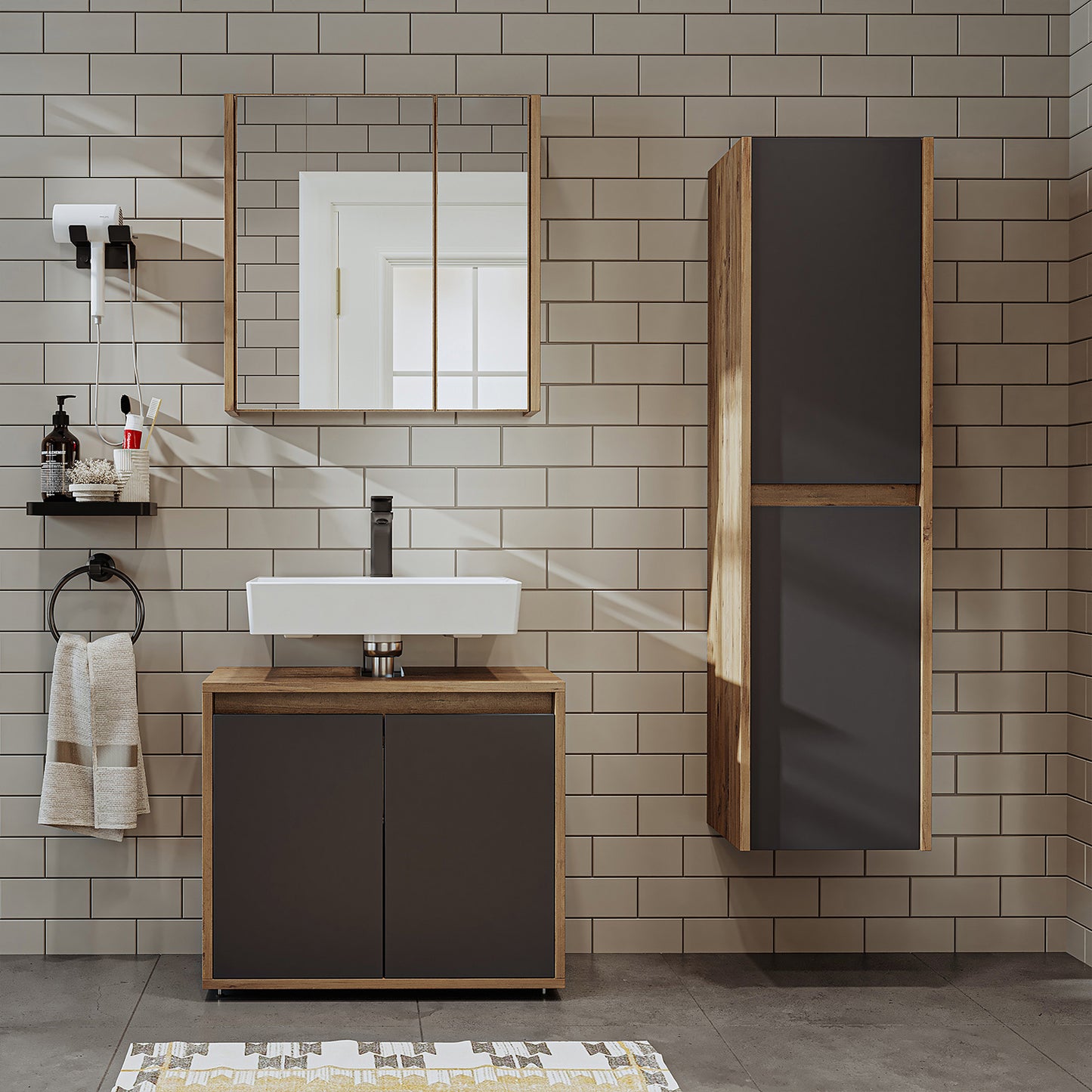 Roomart Badmöbel Set MELONA 3-teilig, in 4 Farben, 65cm Unterschrank • Spiegelschrank • Hochschrank-badezimmerschrank, waschbecken, badezimmermöbel, badschrank, badezimmer, mit, unterschrank, badmöbel, set, waschtisch, möbel, badezimmermãbel, bad, badezim