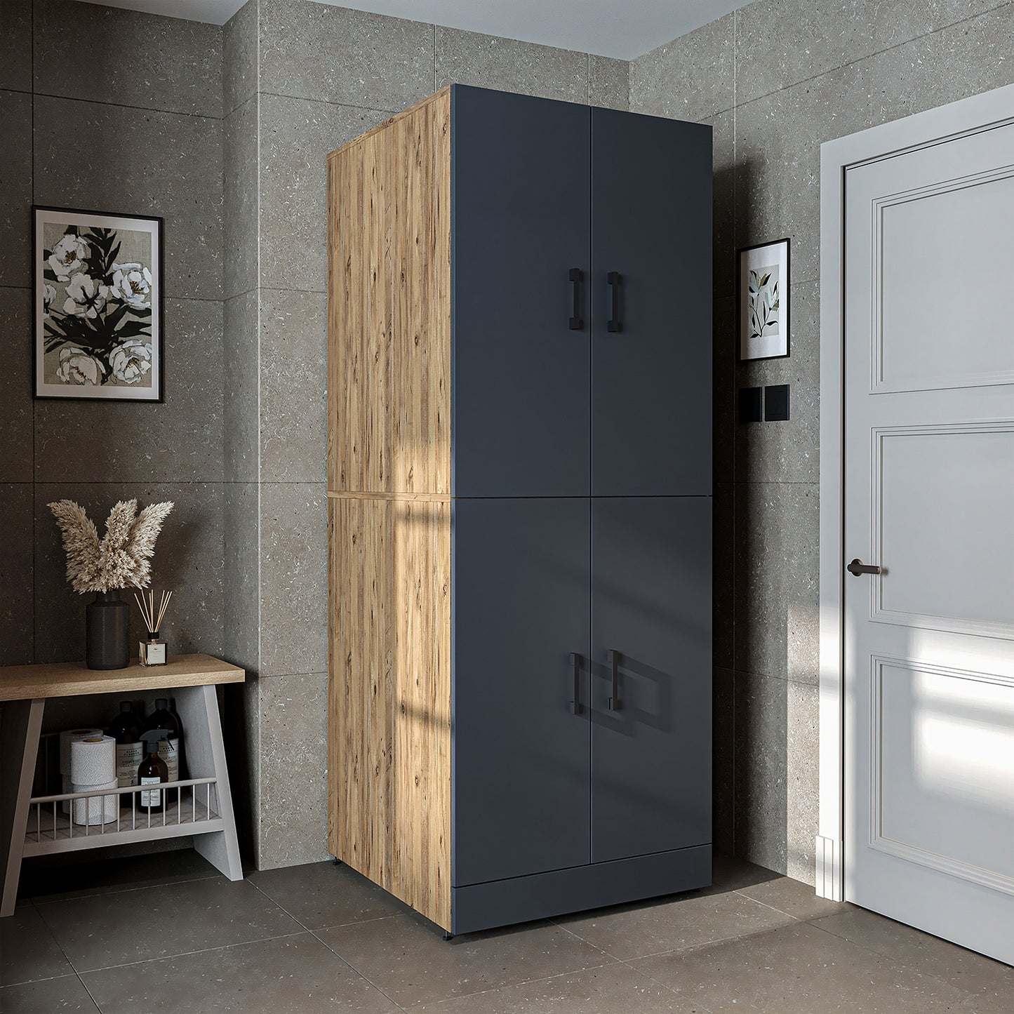 Roomart Waschmaschinenschrank " DORA " für Trockner & Waschmaschine, in 4 Farben, mit Türen & Ausziehbrett • Weiß • Weiß Eiche • Anthrazit Eiche • Eiche - waschmaschinenschrank, waschmaschinenregal, waschturm, schrank, weiß, waschmaschinen, unterschrank,
