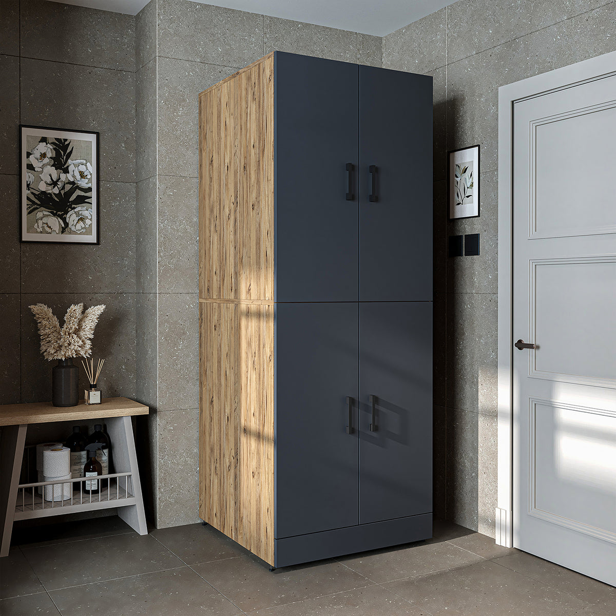 Roomart armario para lavadora " DORA " para secadora y lavadora, en 4 colores, con puertas y estante extraíble - blanco - roble blanco - roble antracita - roble - armario para lavadora, estante para lavadora, torre de lavado, armario, blanco, lavadoras, armario bajo,