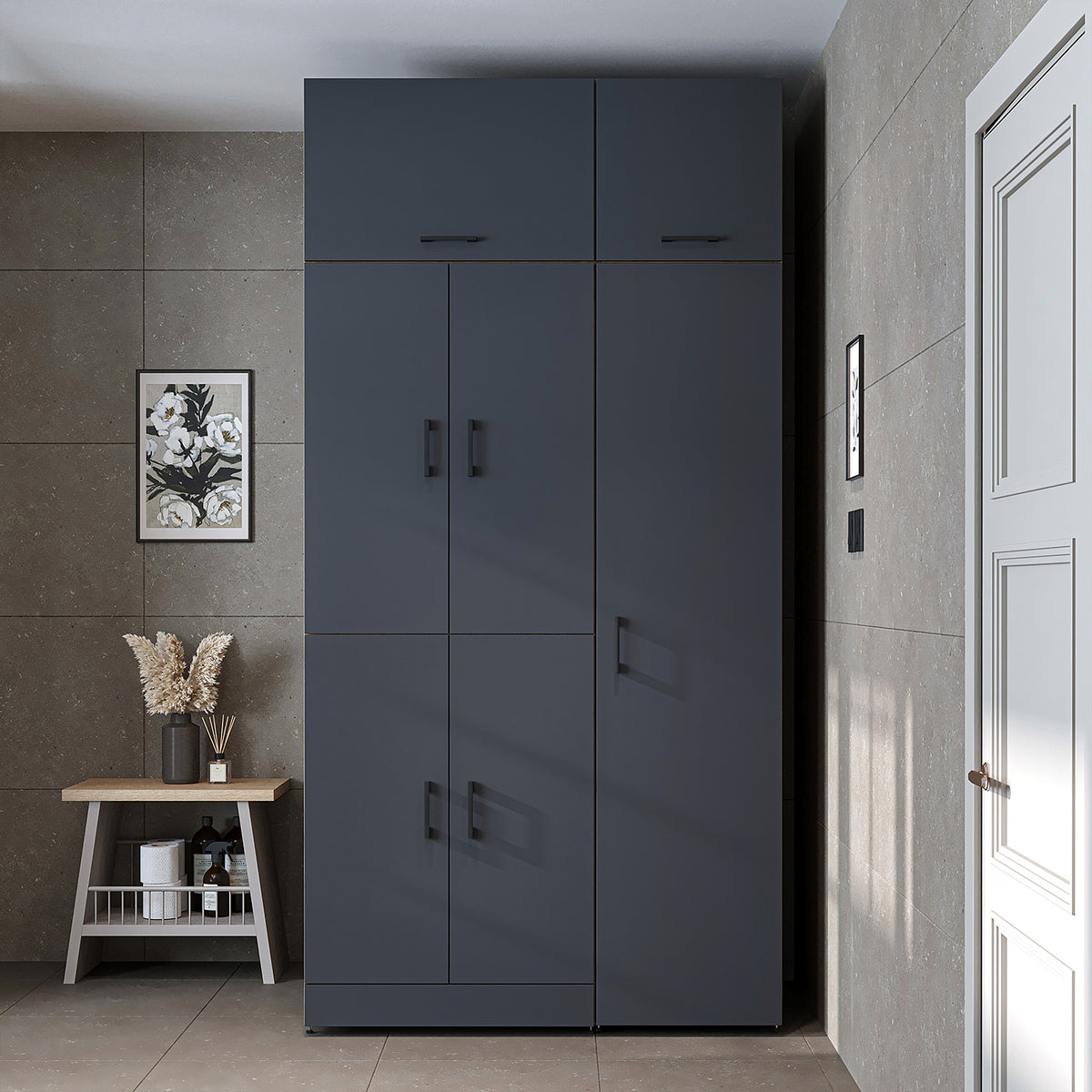 Armadio per lavatrice "DORA SET" per asciugatrice e lavatrice, larghezza 115 cm, in 4 colori, con ante e ripiano estraibile - bianco - rovere bianco - rovere antracite - rovere - armadio per lavatrice, scaffale per lavatrice, torre per lavatrice, armadio, bianco, lavatrice
