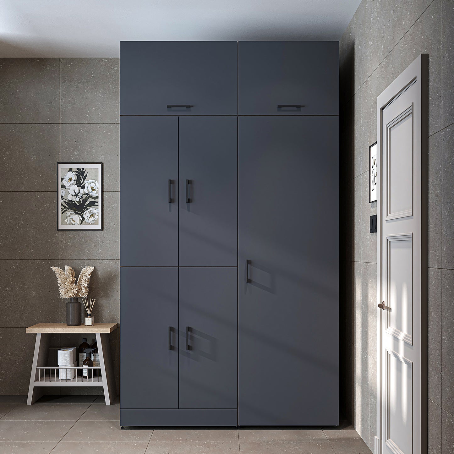 Roomart Waschmaschinenschrank " DORA SET" für Trockner & Waschmaschine, 130 cm breit, in 4 Farben, mit Türen & Ausziehbrett • Weiß • Weiß Eiche • Anthrazit Eiche • Eiche - waschmaschinenschrank, waschmaschinenregal, waschturm, schrank, weiß, waschmaschine