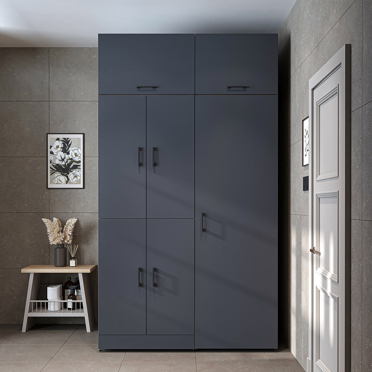 Armadio per lavatrice "DORA SET" per asciugatrice e lavatrice, larghezza 130 cm, in 4 colori, con ante e ripiano estraibile - bianco - rovere bianco - rovere antracite - rovere - armadio per lavatrice, scaffale per lavatrice, torre per lavatrice, armadio, bianco, lavatrice