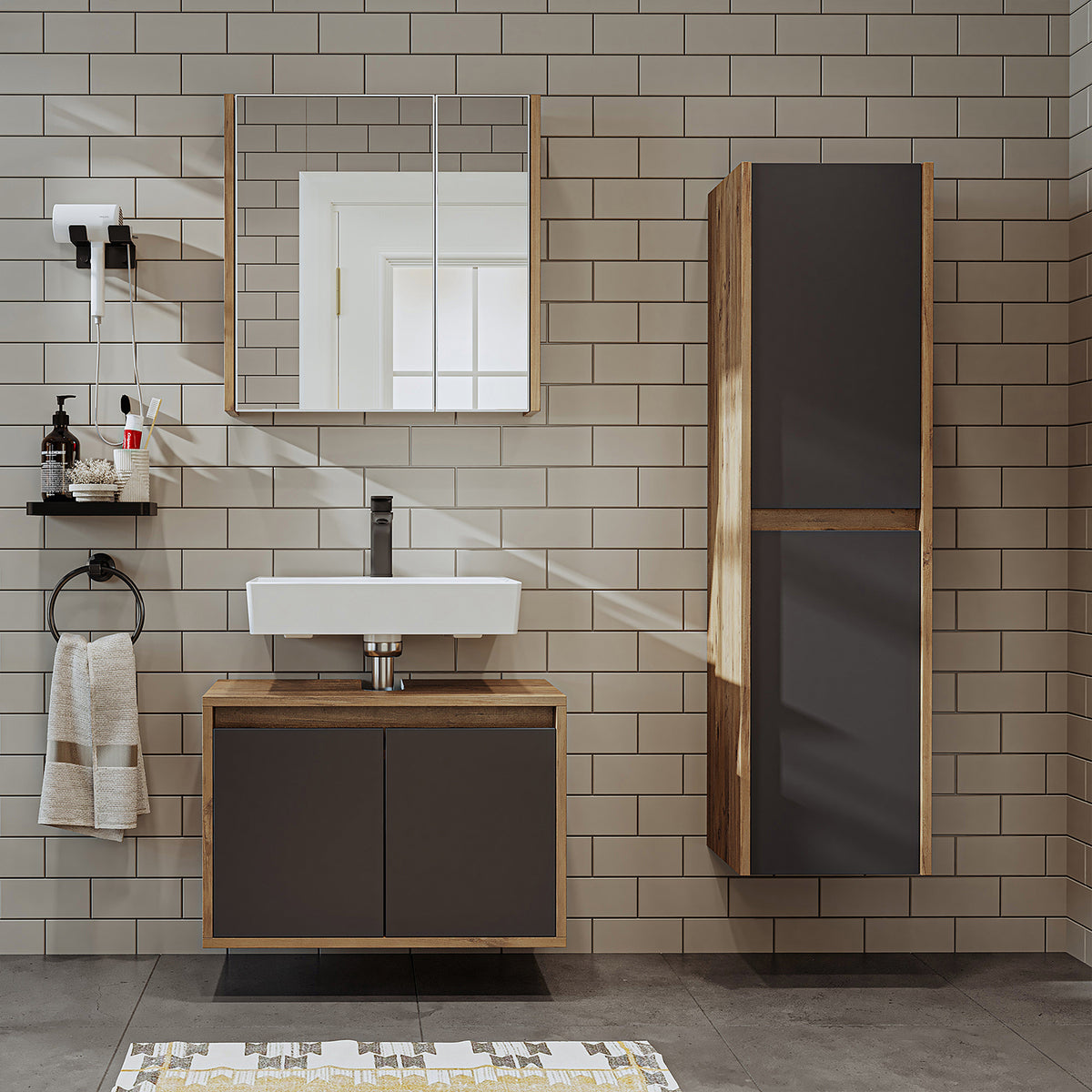 Set di mobili da bagno Roomart MELONA 3 pezzi, in 4 colori, mobiletto da 65 cm - specchiera - colonna - mobili da bagno, set, lavabo, lavatoio, bagno, mobili da bagno, mobili da bagno, mobile da bagno, mobile da lavabo, cm, largo, moderno, lavabo, profondo, con, mobiletto da bagno