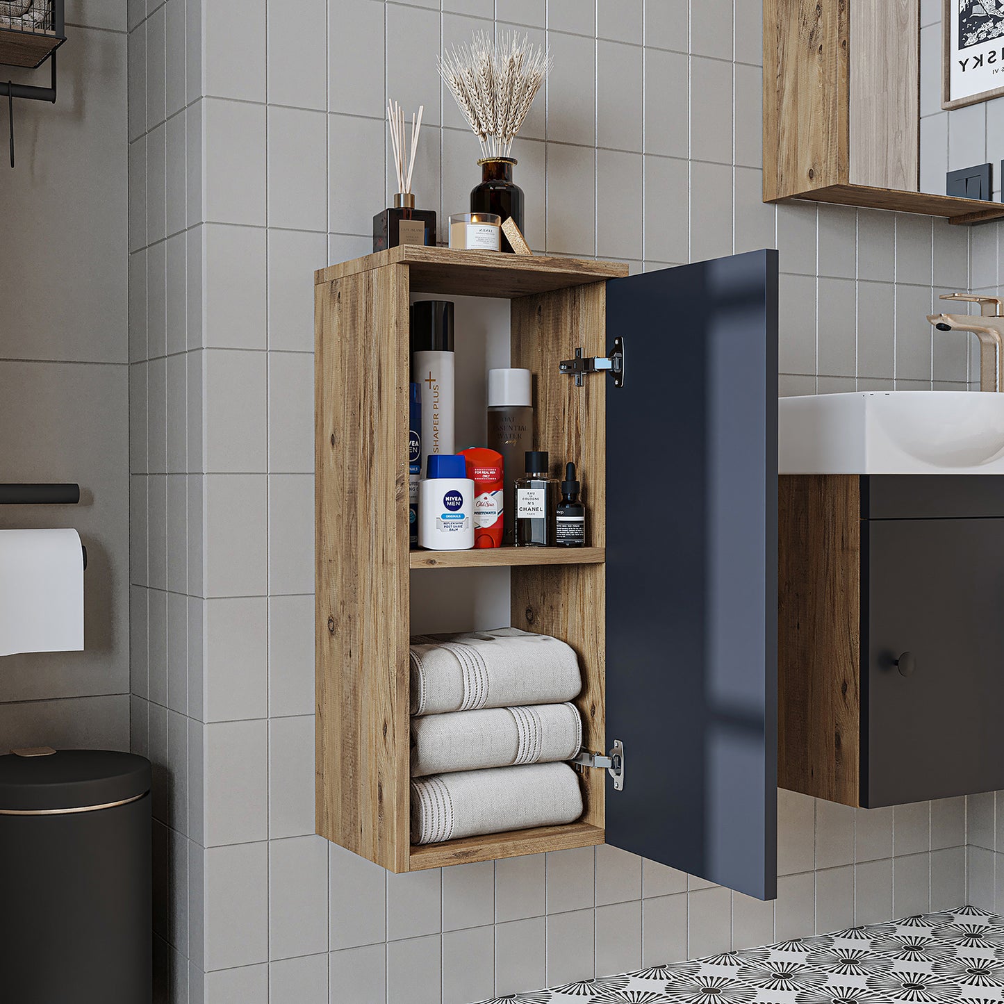 Roomart armario lateral "Punto" - moderno, compacto armario de pared para baño de 70 cm con cierre suave - en blanco, roble blanco, roble o roble antracita - armario de pared, pared, armario alto, armario alto blanco, 60 cm de ancho, cocina, lavadero, salón, estrecho, 40 cm de ancho