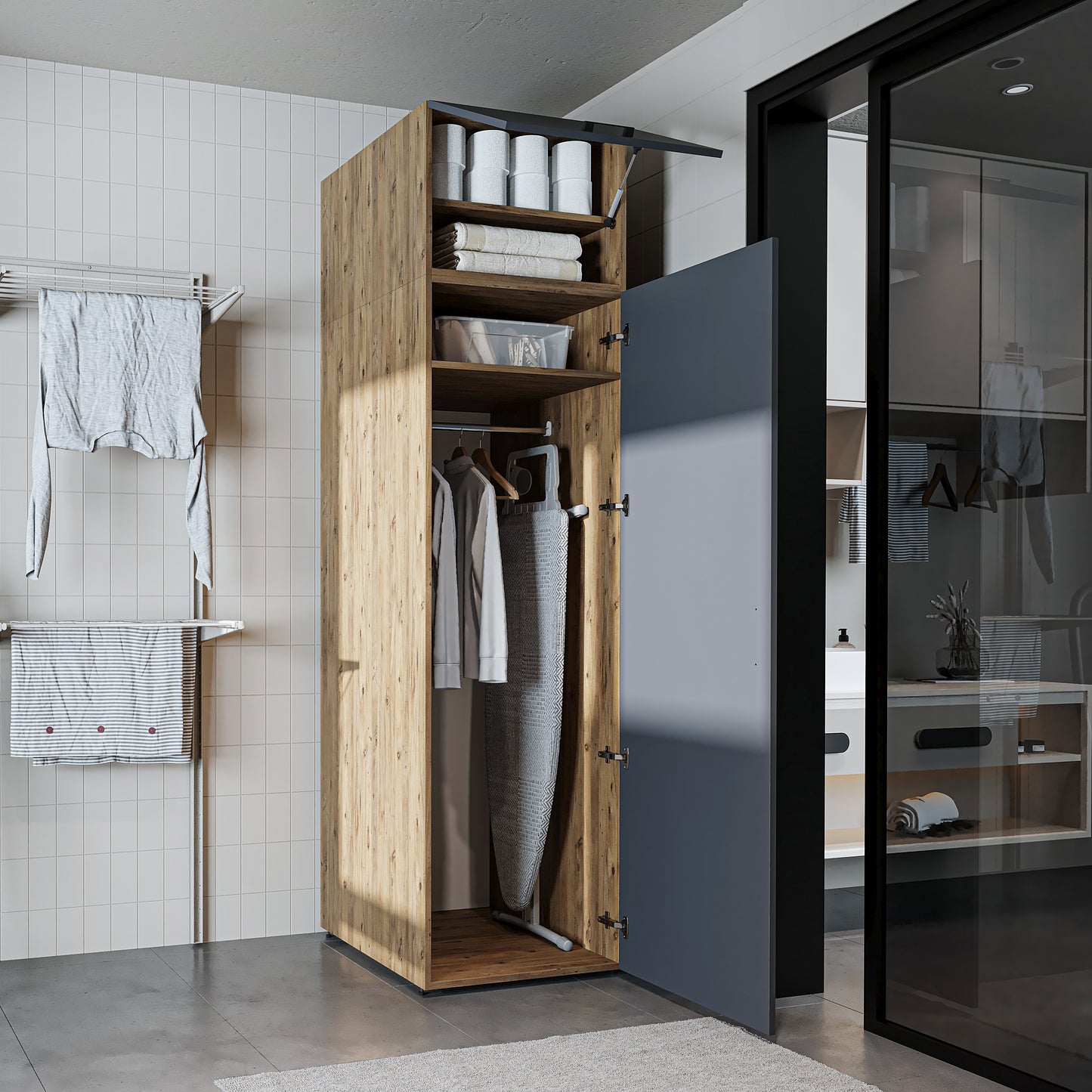 Roomart • DORA Hochschrank 60cm Breit • Weiß • Weiß Eiche • Eiche • Anthracit Eiche - waschmaschinenschrank, waschmaschinenregal, waschturm, schrank, weiß, waschmaschinen, unterschrank, waschmaschine, trockner, haushaltsschrank, schränke, badschrank, hoch