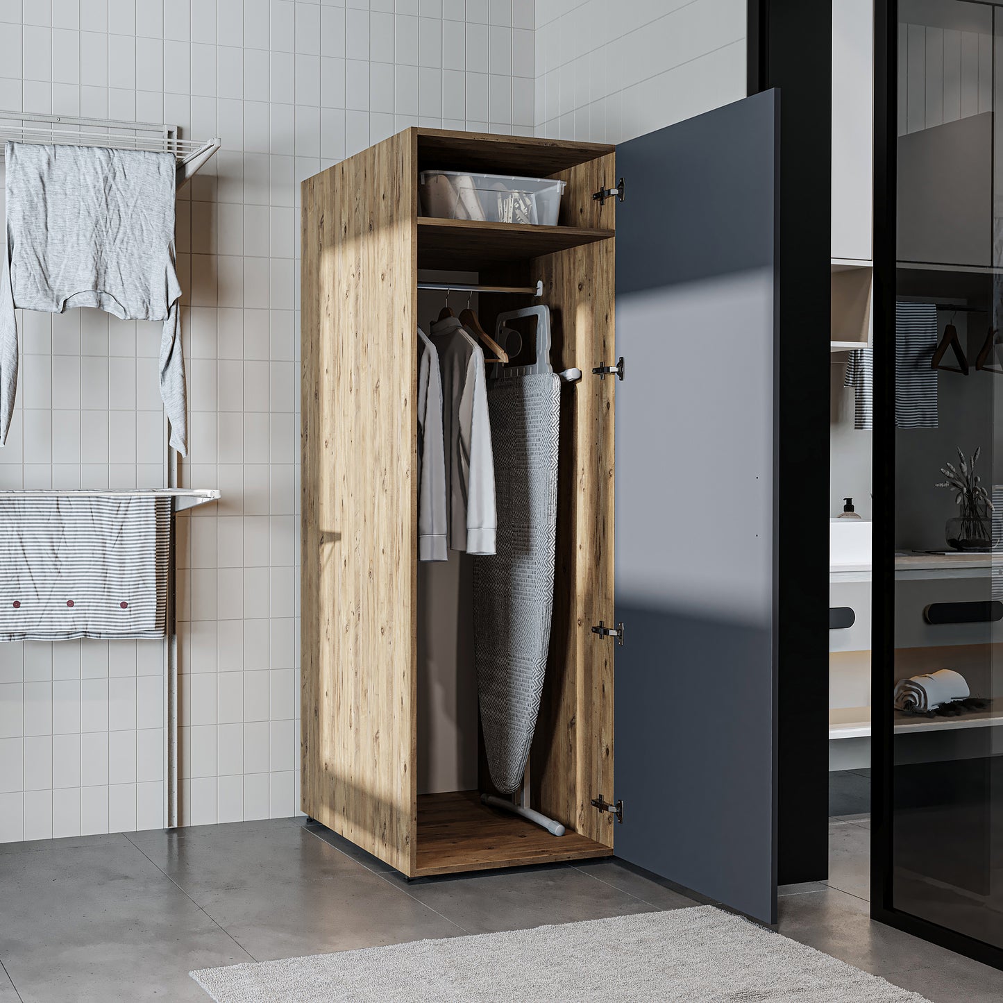 Roomart • DORA Hochschrank 60cm Breit • Weiß • Weiß Eiche • Eiche • Anthracit Eiche - waschmaschinenschrank, waschmaschinenregal, waschturm, schrank, weiß, waschmaschinen, unterschrank, waschmaschine, trockner, haushaltsschrank, schränke, badschrank, hoch