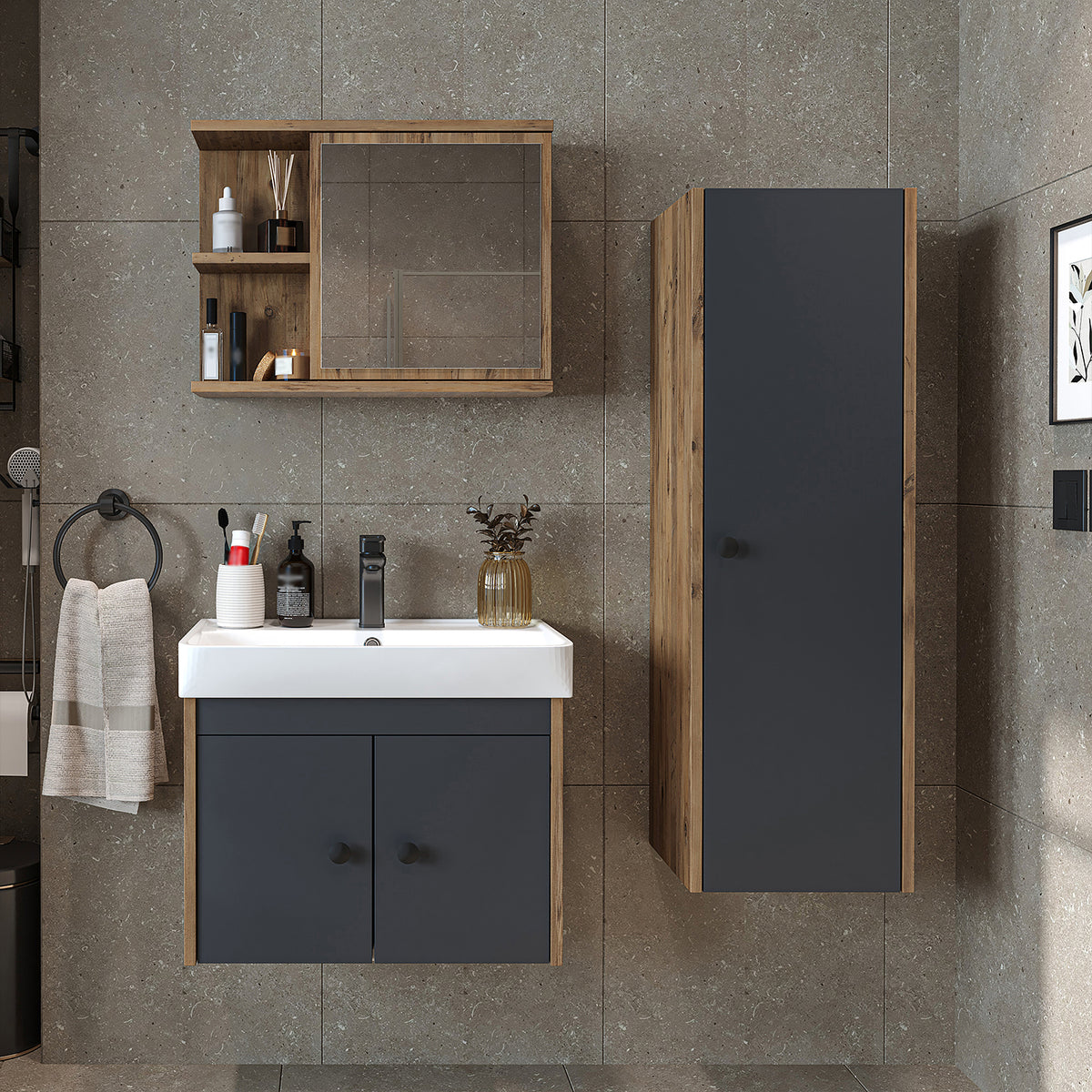 Badmöbel-Set ADA in Anthrazit Eiche mit ovalem Becken und Seitenschrank