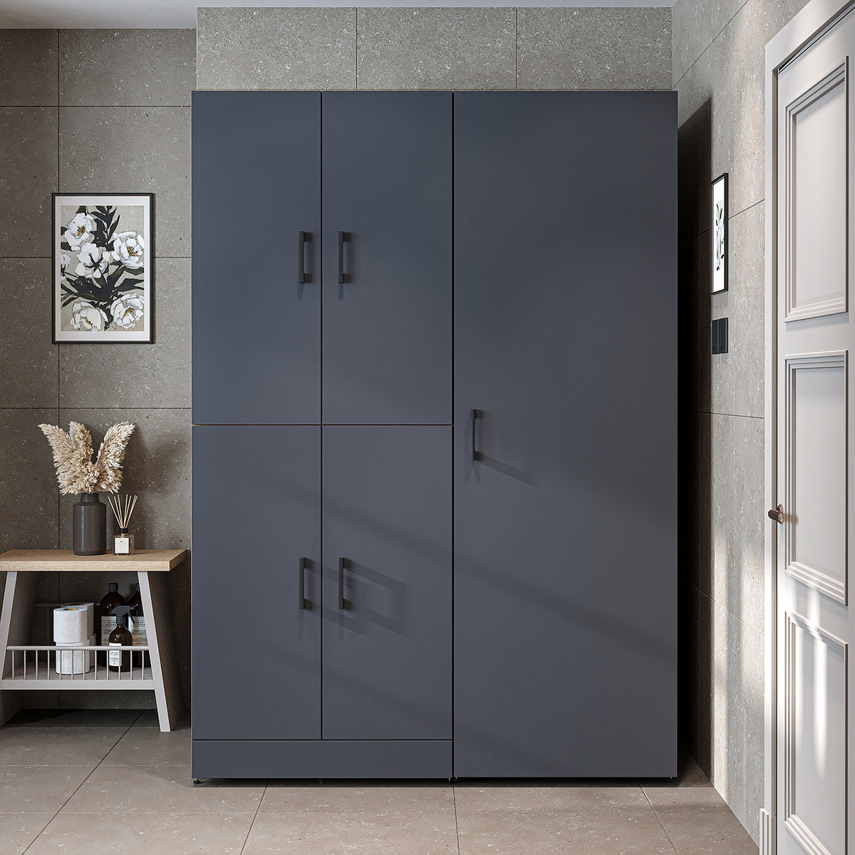Armadio per lavatrice "DORA SET" per asciugatrice e lavatrice, larghezza 130 cm, in 4 colori, con ante e ripiano estraibile - bianco - rovere bianco - rovere antracite - rovere - armadio per lavatrice, scaffale per lavatrice, torre per lavatrice, armadio, bianco, lavatrice