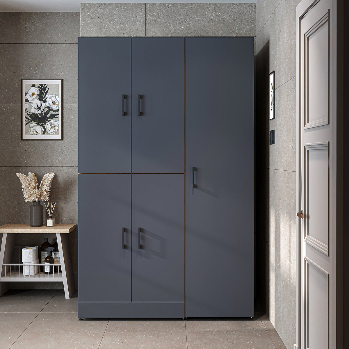 Armadio per lavatrice "DORA SET" per asciugatrice e lavatrice, larghezza 115 cm, in 4 colori, con ante e ripiano estraibile - bianco - rovere bianco - rovere antracite - rovere - armadio per lavatrice, scaffale per lavatrice, torre per lavatrice, armadio, bianco, lavatrice