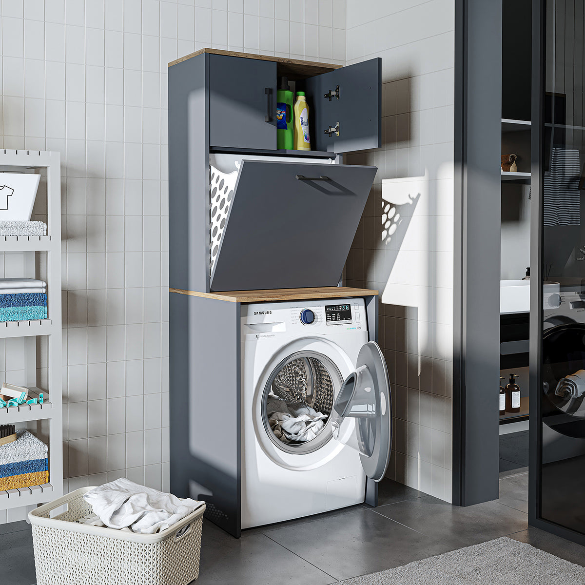 Roomart, washing machine cabinet LUNA, washing machine superstructure with laundry basket, WDH: 65 X 181 X 65 cm, in white, oak, anthracite oak, oak - washing machine cabinet, washing machine shelf, washing tower, cabinet, white, washing machines, base cabinet, washing machine, t