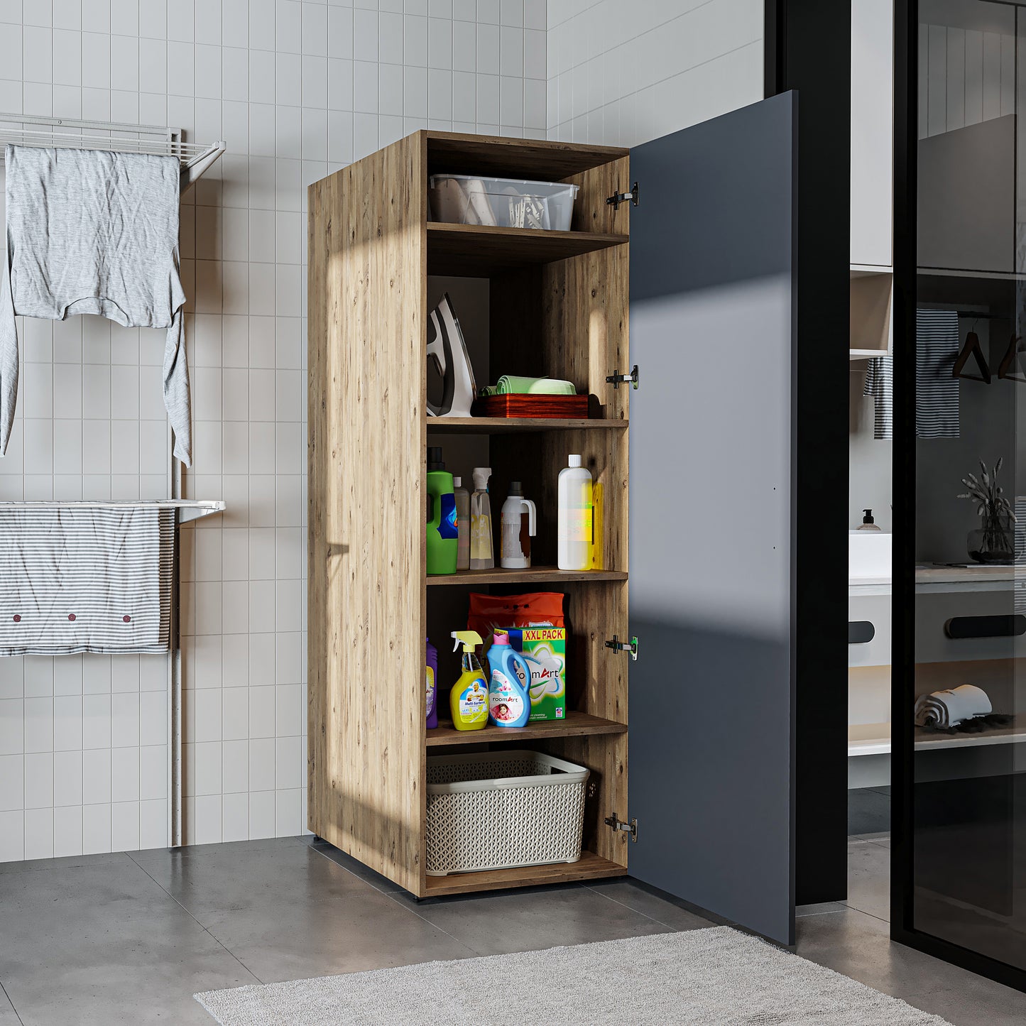 Roomart • DORA Hochschrank 60cm Breit • Weiß • Weiß Eiche • Eiche • Anthracit Eiche - waschmaschinenschrank, waschmaschinenregal, waschturm, schrank, weiß, waschmaschinen, unterschrank, waschmaschine, trockner, haushaltsschrank, schränke, badschrank, hoch