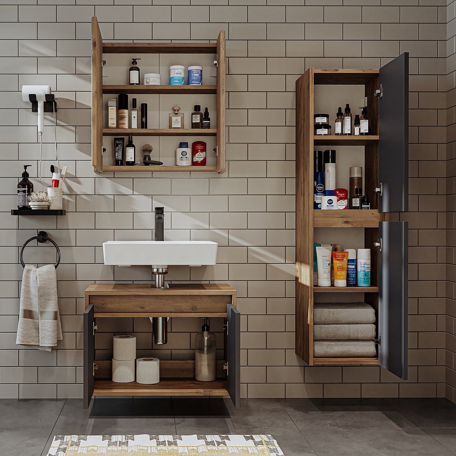 Roomart Ensemble de meubles de salle de bains MELONA 3 pièces, en 4 couleurs, 65cm armoire basse - armoire de toilette - armoire haute- ensemble, vidange, lavabo, salle de bains, meubles, meubles de salle de bains, salle de bains, armoire basse, lavabo, cm, large, moderne, lavabo, profond, avec, sous-verre