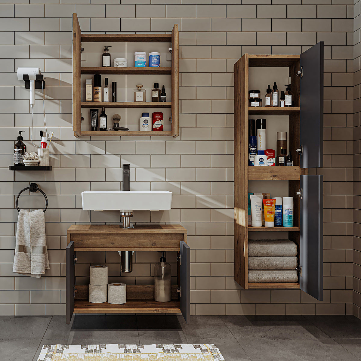 Set di mobili da bagno Roomart MELONA 3 pezzi, in 4 colori, mobiletto da 65 cm - specchiera - colonna - mobili da bagno, set, lavabo, lavatoio, bagno, mobili da bagno, mobili da bagno, mobile da bagno, mobile da lavabo, cm, largo, moderno, lavabo, profondo, con, mobiletto da bagno