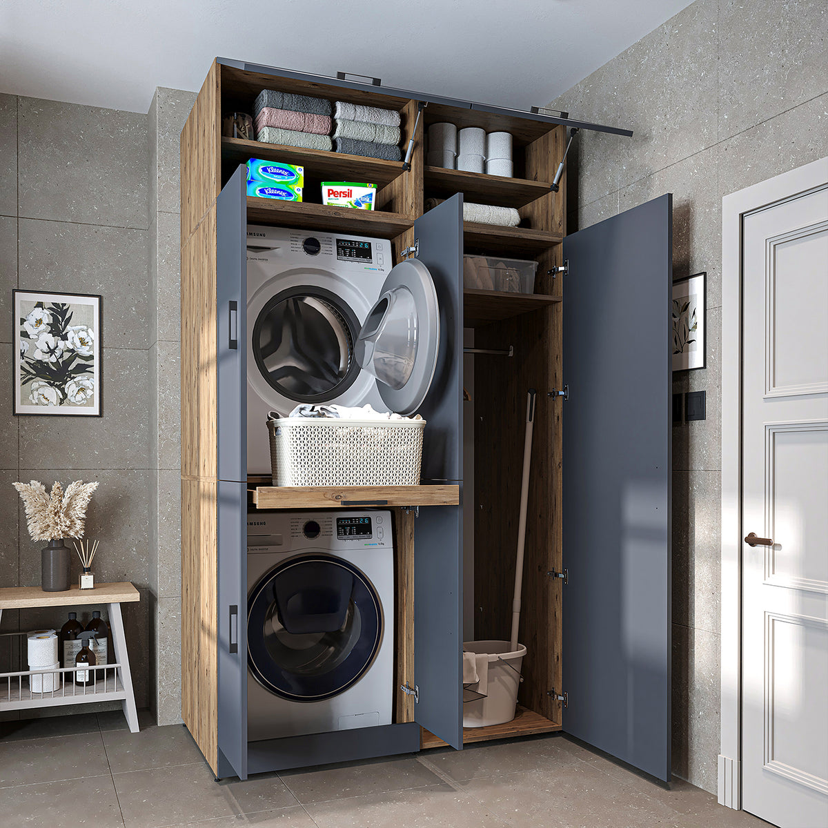 Armadio per lavatrice "DORA SET" per asciugatrice e lavatrice, larghezza 130 cm, in 4 colori, con ante e ripiano estraibile - bianco - rovere bianco - rovere antracite - rovere - armadio per lavatrice, scaffale per lavatrice, torre per lavatrice, armadio, bianco, lavatrice