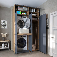 Roomart washing machine cabinet " DORA SET" for dryer & washing machine, 130 cm wide, in 4 colors, with doors & pull-out shelf - white - white oak - anthracite oak - oak - washing machine cabinet, washing machine shelf, washing tower, cabinet, white, washing machine