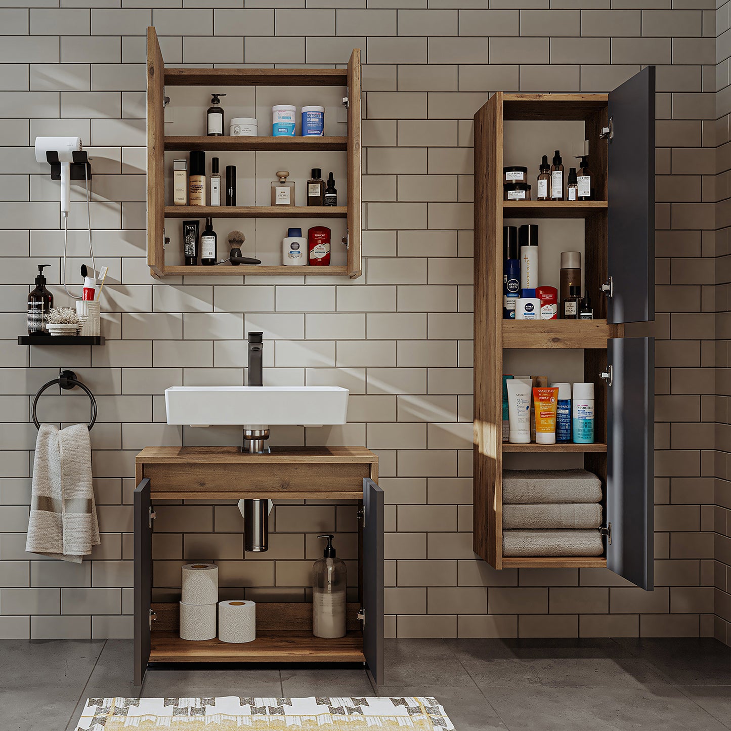 Roomart Badmöbel Set MELONA 3-teilig, in 4 Farben, 65cm Unterschrank • Spiegelschrank • Hochschrank-badezimmerschrank, waschbecken, badezimmermöbel, badschrank, badezimmer, mit, unterschrank, badmöbel, set, waschtisch, möbel, badezimmermãbel, bad, badezim