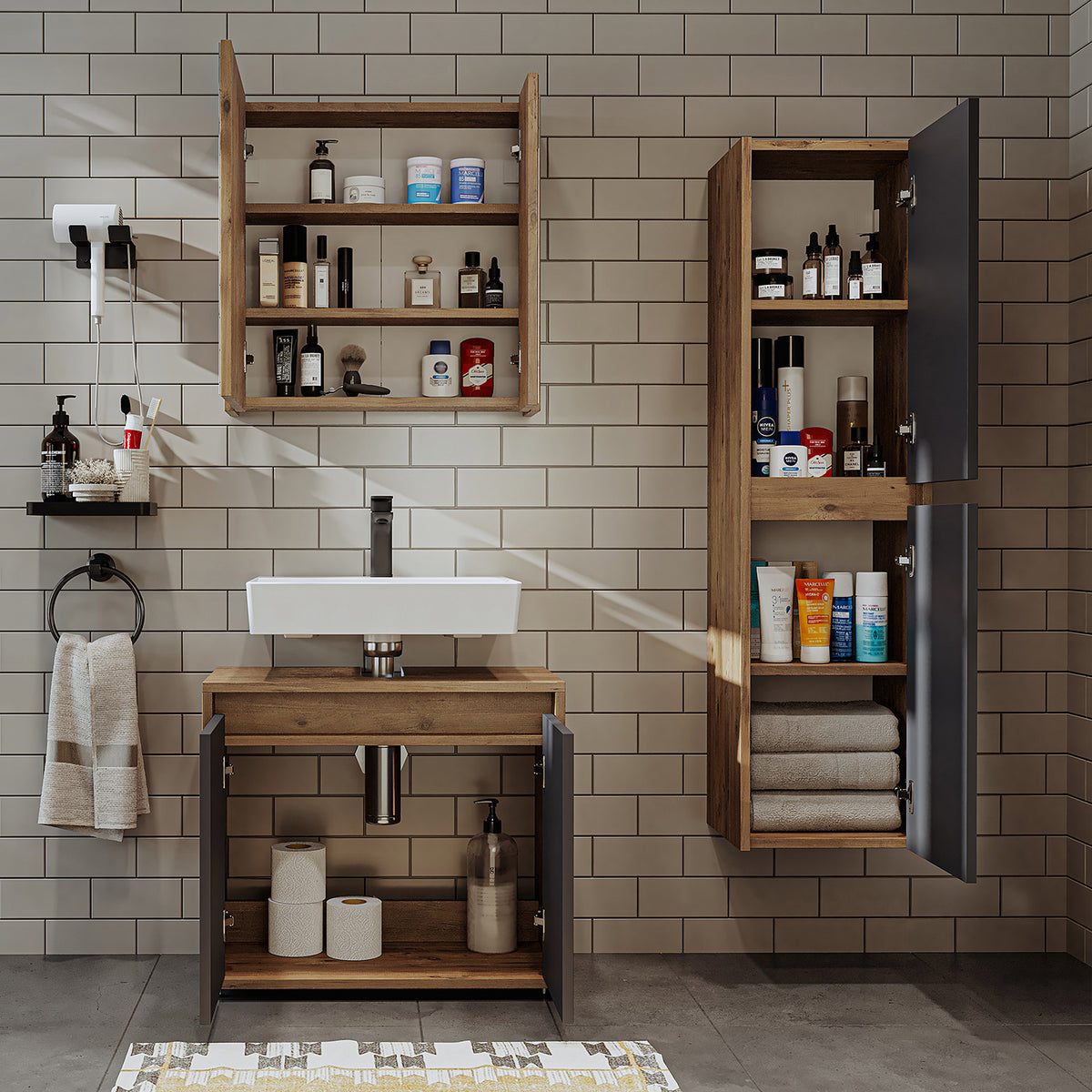 Roomart Badmöbel Set MELONA 3-teilig, in 4 Farben, 65cm Unterschrank • Spiegelschrank • Hochschrank-badezimmerschrank, waschbecken, badezimmermöbel, badschrank, badezimmer, mit, unterschrank, badmöbel, set, waschtisch, möbel, badezimmermãbel, bad, badezim