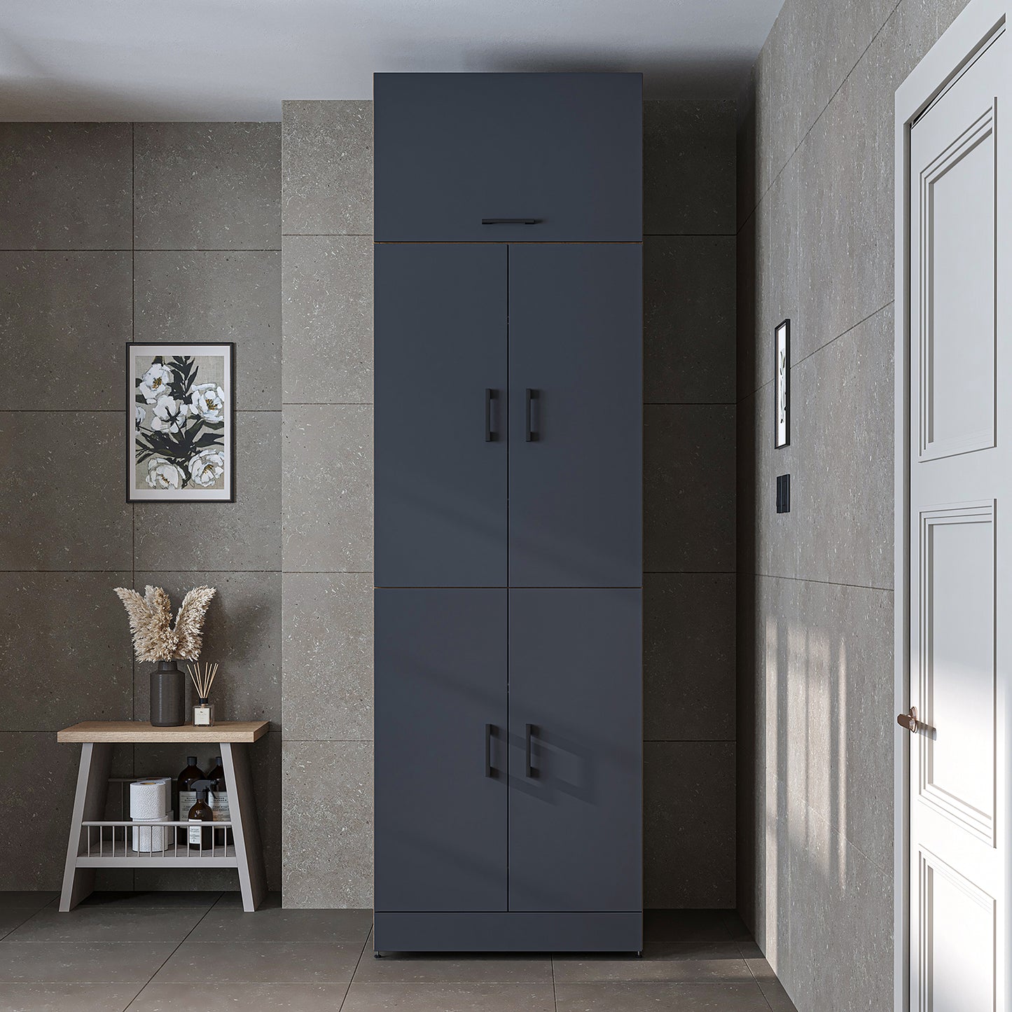 Roomart Waschmaschinenschrank " DORA " für Trockner & Waschmaschine, in 4 Farben, mit Türen & Ausziehbrett • Weiß • Weiß Eiche • Anthrazit Eiche • Eiche - waschmaschinenschrank, waschmaschinenregal, waschturm, schrank, weiß, waschmaschinen, unterschrank,