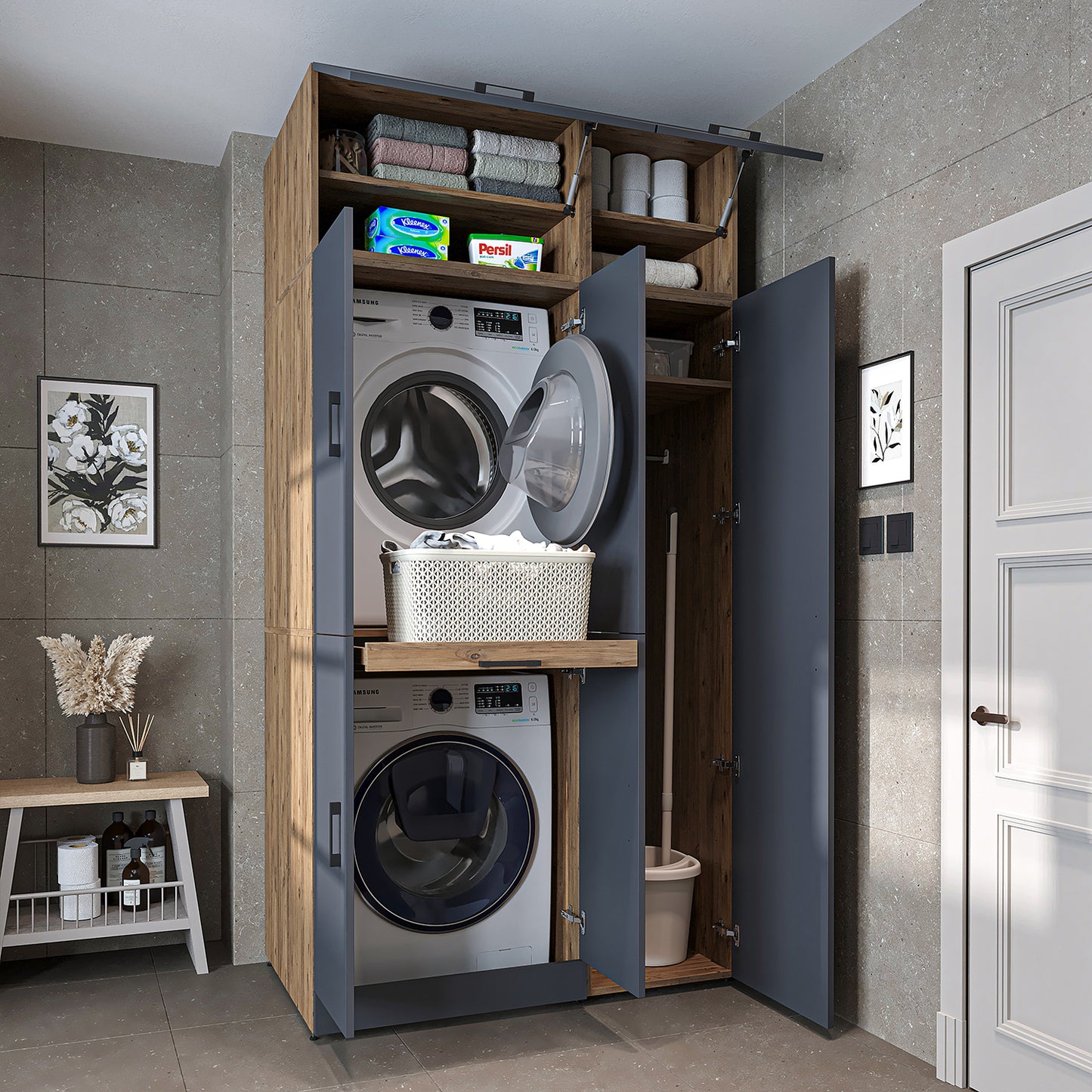 Roomart Waschmaschinenschrank " DORA SET" für Trockner & Waschmaschine, 115 cm breit, in 4 Farben, mit Türen & Ausziehbrett • Weiß • Weiß Eiche • Anthrazit Eiche • Eiche - waschmaschinenschrank, waschmaschinenregal, waschturm, schrank, weiß, waschmaschine