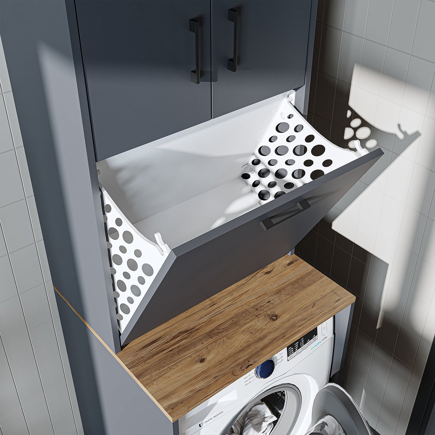 Roomart, Waschmaschinenschrank LUNA, Waschmaschinenüberbau mit Wäschekorb, BHT: 65 X 181 X 65 cm, in Weiß, Eiche, Anthrazit Eiche, Eiche - waschmaschinenschrank, waschmaschinenregal, waschturm, schrank, weiß, waschmaschinen, unterschrank, waschmaschine, t