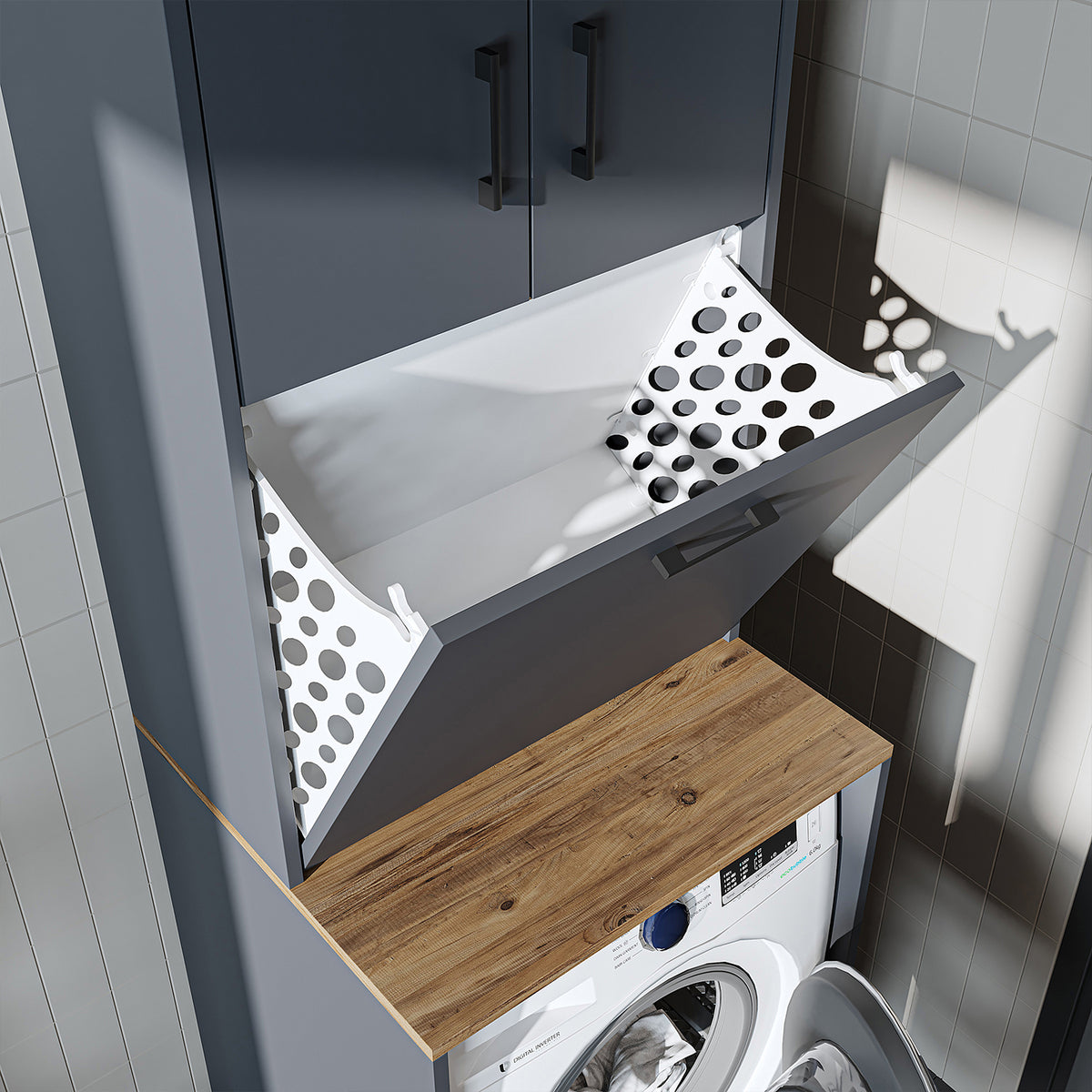 Roomart, washing machine cabinet LUNA, washing machine superstructure with laundry basket, WDH: 65 X 181 X 65 cm, in white, oak, anthracite oak, oak - washing machine cabinet, washing machine shelf, washing tower, cabinet, white, washing machines, base cabinet, washing machine, t