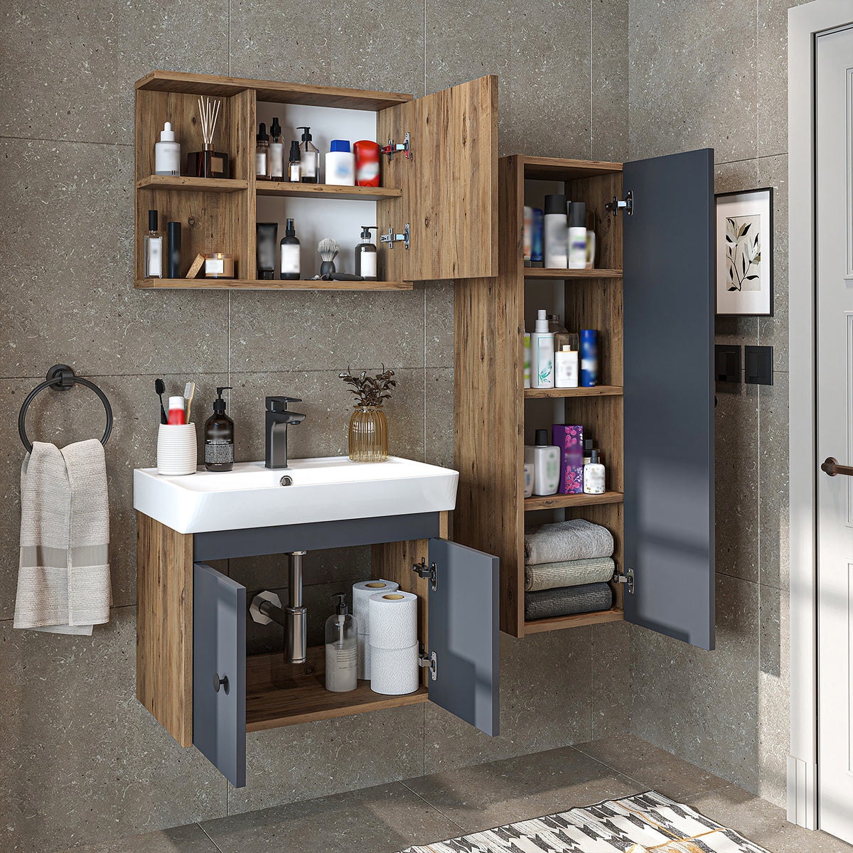 Roomart 4-teiliges Badmöbel-Set ADA, 60 cm, mit Waschbecken und Hochschrank, in 5 Farben