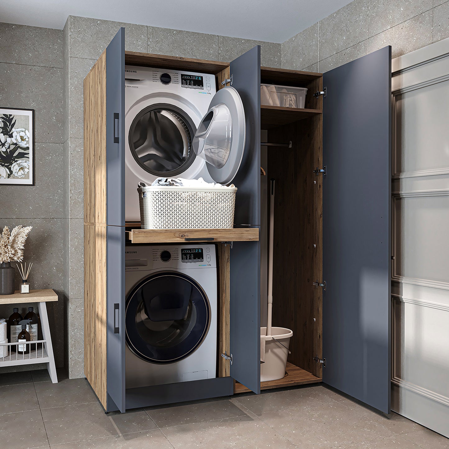 Roomart Waschmaschinenschrank " DORA SET" für Trockner & Waschmaschine, 130 cm breit, in 4 Farben, mit Türen & Ausziehbrett • Weiß • Weiß Eiche • Anthrazit Eiche • Eiche - waschmaschinenschrank, waschmaschinenregal, waschturm, schrank, weiß, waschmaschine