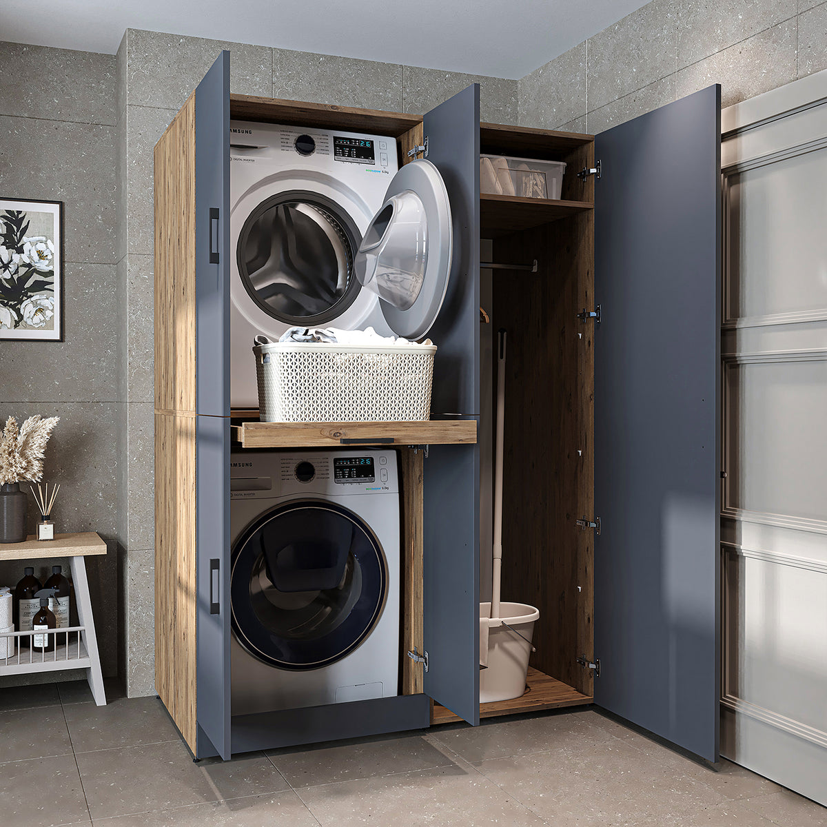 Armadio per lavatrice "DORA SET" per asciugatrice e lavatrice, larghezza 130 cm, in 4 colori, con ante e ripiano estraibile - bianco - rovere bianco - rovere antracite - rovere - armadio per lavatrice, scaffale per lavatrice, torre per lavatrice, armadio, bianco, lavatrice