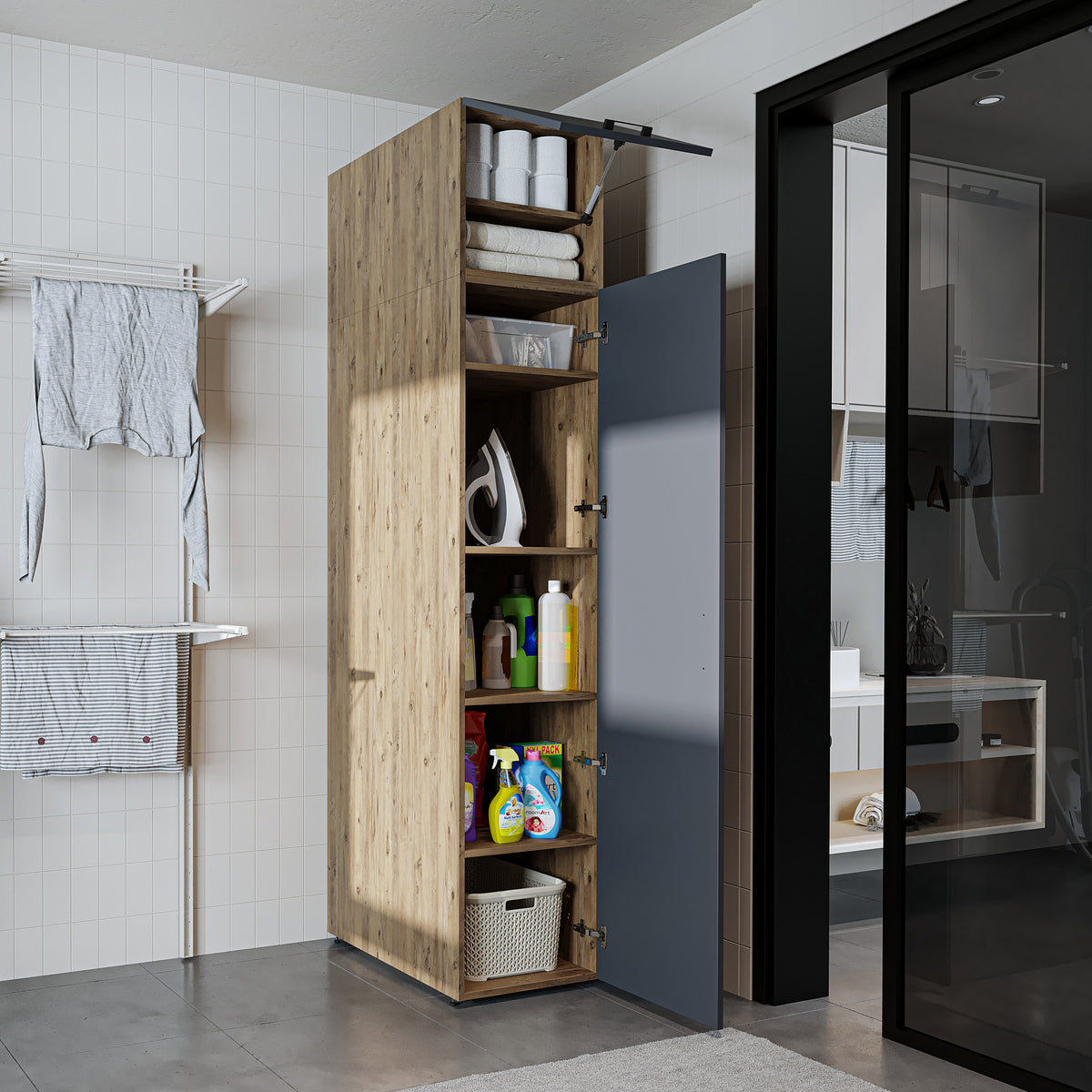 Roomart - DORA Armario alto 45cm ancho - Blanco - Roble blanco - Roble - Roble antracita - armario lavadora, estante lavadora, torre lavadora, armario, blanco, lavadoras, armario bajo, lavadora, secadora, armario hogar, armarios, armario baño, alto