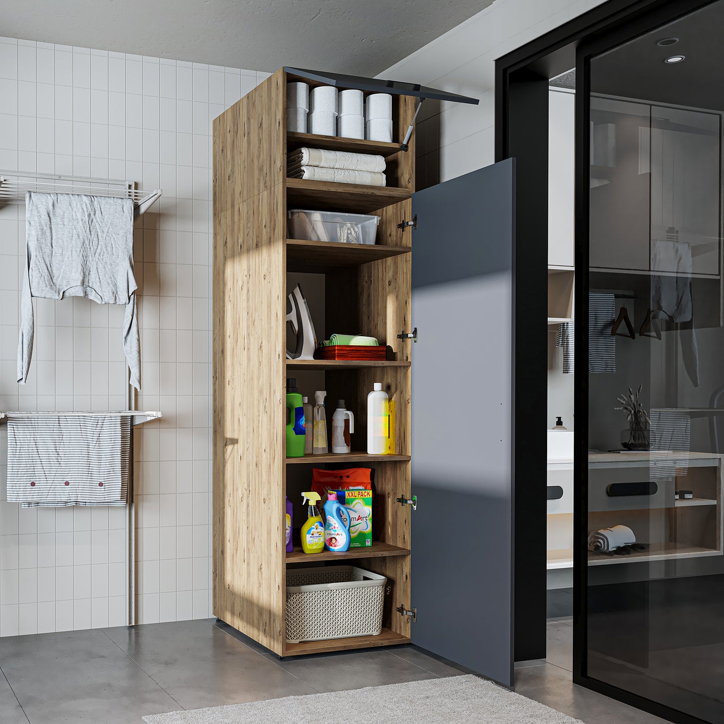 Roomart • DORA Hochschrank 60cm Breit • Weiß • Weiß Eiche • Eiche • Anthracit Eiche - waschmaschinenschrank, waschmaschinenregal, waschturm, schrank, weiß, waschmaschinen, unterschrank, waschmaschine, trockner, haushaltsschrank, schränke, badschrank, hoch
