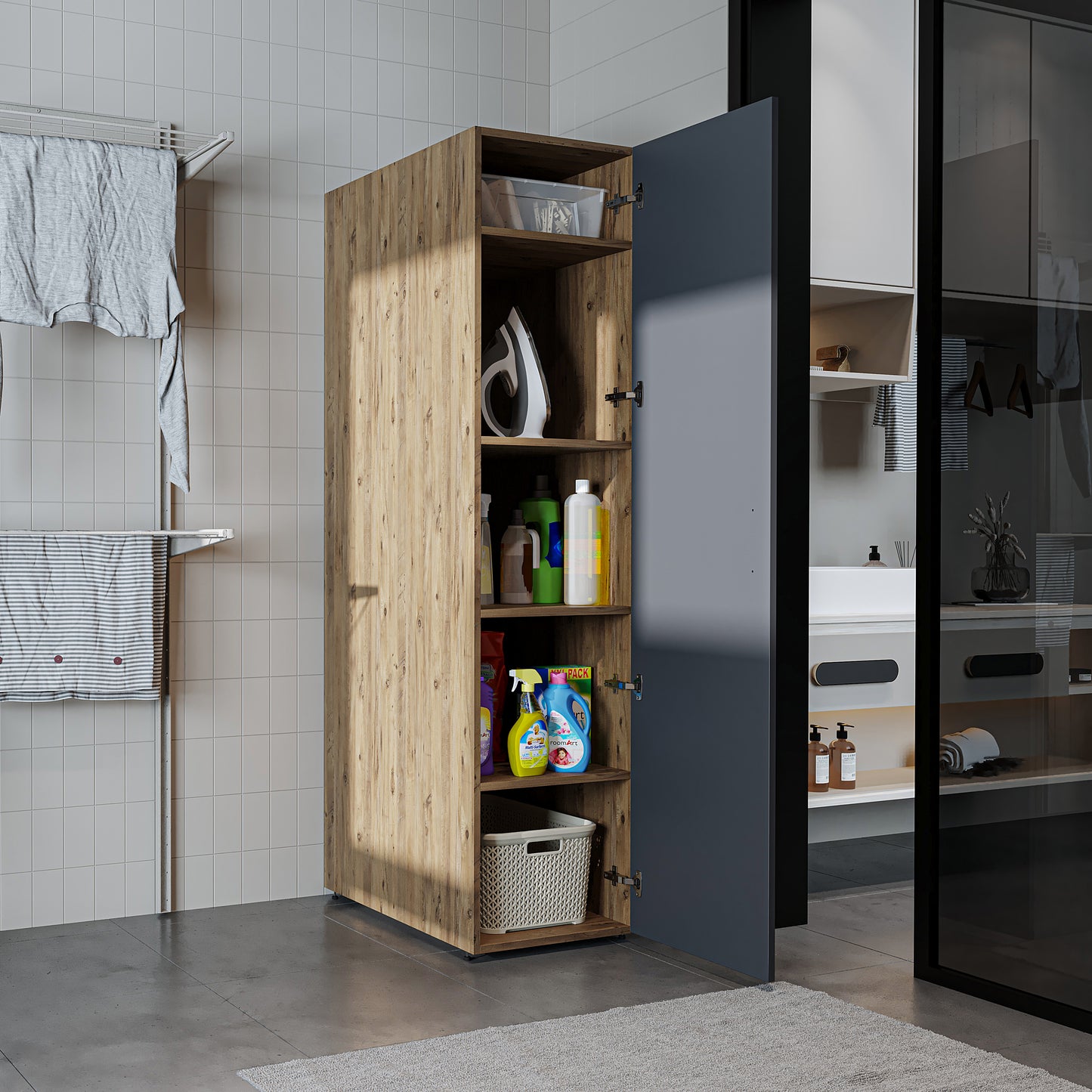 Roomart - DORA Armario alto 45cm ancho - Blanco - Roble blanco - Roble - Roble antracita - armario lavadora, estante lavadora, torre lavadora, armario, blanco, lavadoras, armario bajo, lavadora, secadora, armario hogar, armarios, armario baño, alto