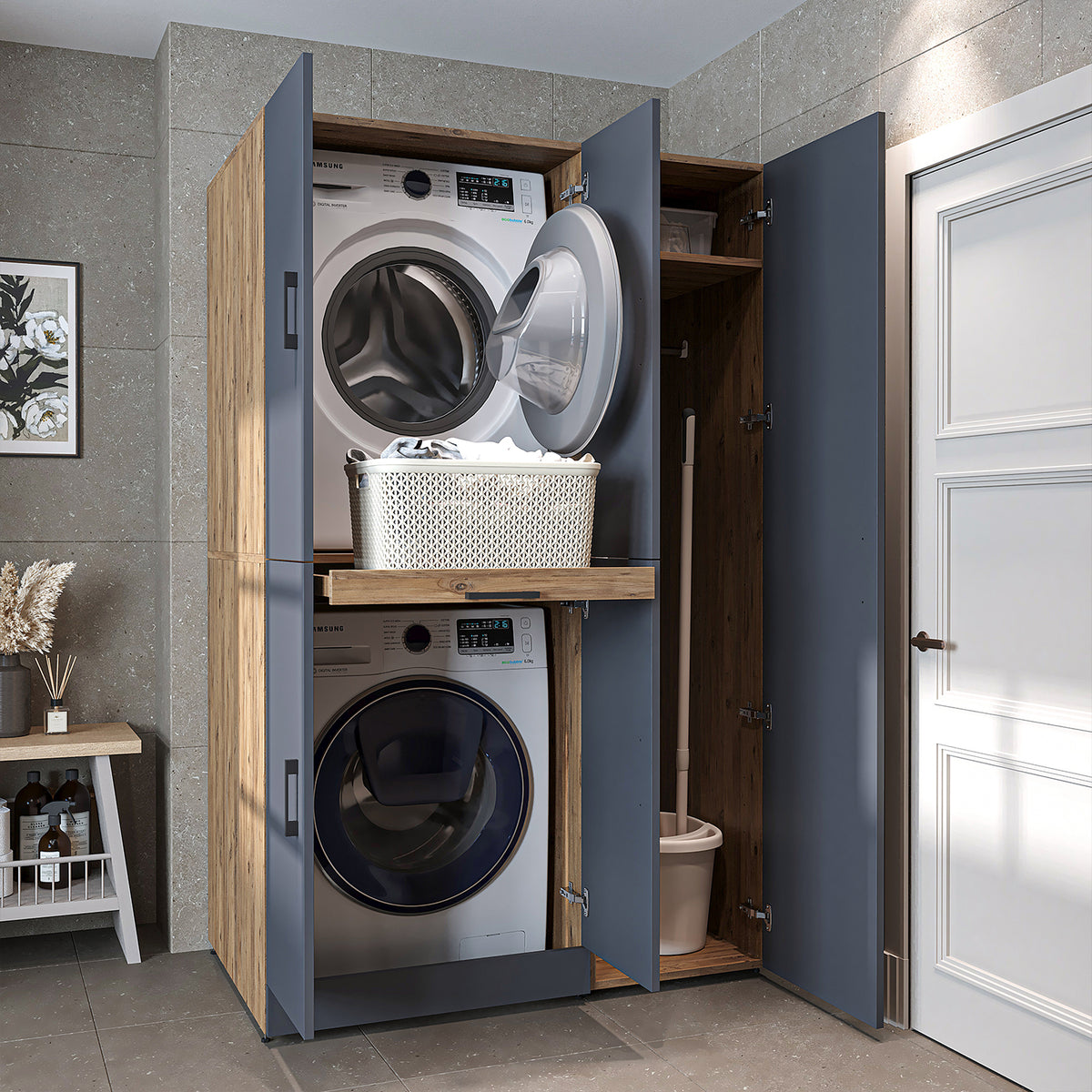 Armadio per lavatrice "DORA SET" per asciugatrice e lavatrice, larghezza 115 cm, in 4 colori, con ante e ripiano estraibile - bianco - rovere bianco - rovere antracite - rovere - armadio per lavatrice, scaffale per lavatrice, torre per lavatrice, armadio, bianco, lavatrice