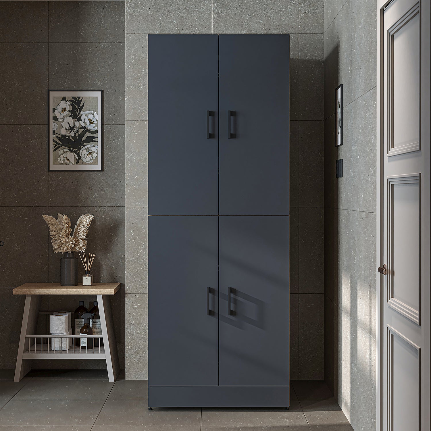 Roomart Waschmaschinenschrank " DORA " für Trockner & Waschmaschine, in 4 Farben, mit Türen & Ausziehbrett • Weiß • Weiß Eiche • Anthrazit Eiche • Eiche - waschmaschinenschrank, waschmaschinenregal, waschturm, schrank, weiß, waschmaschinen, unterschrank,