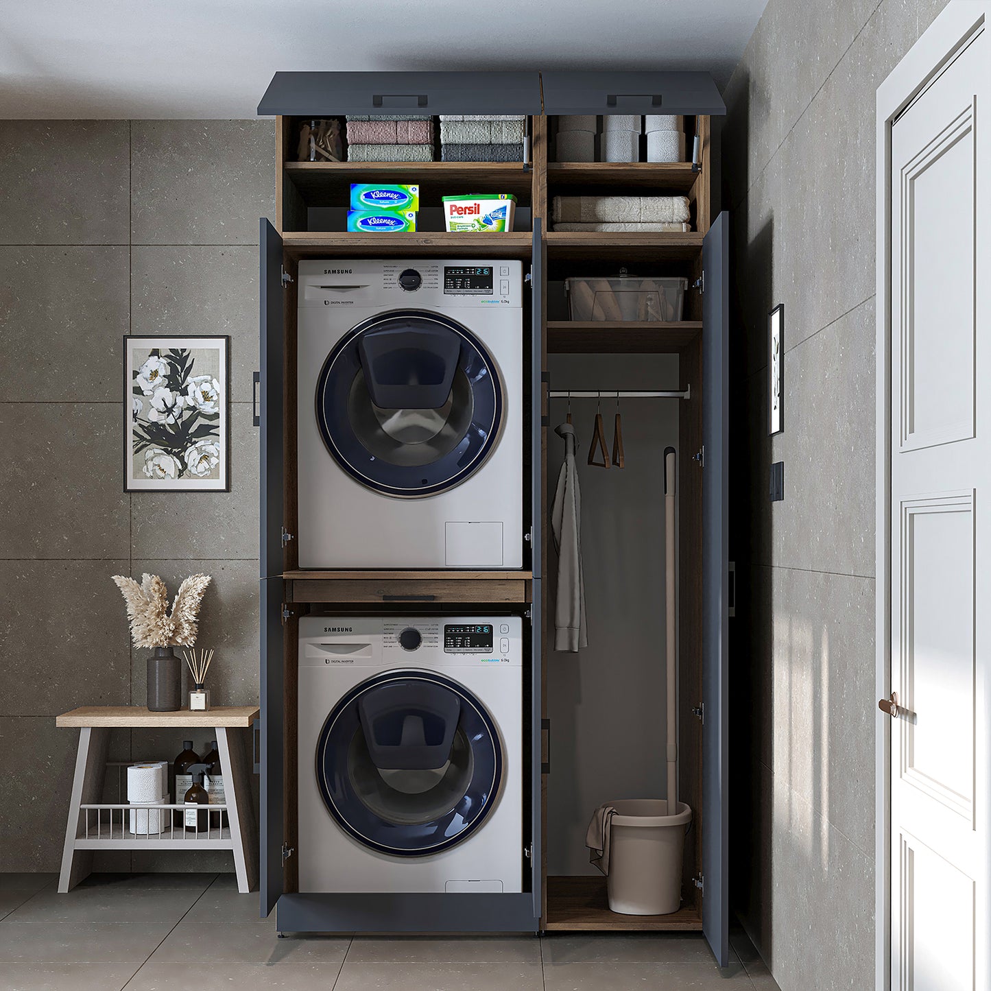 Roomart Waschmaschinenschrank " DORA SET" für Trockner & Waschmaschine, 115 cm breit, in 4 Farben, mit Türen & Ausziehbrett • Weiß • Weiß Eiche • Anthrazit Eiche • Eiche - waschmaschinenschrank, waschmaschinenregal, waschturm, schrank, weiß, waschmaschine