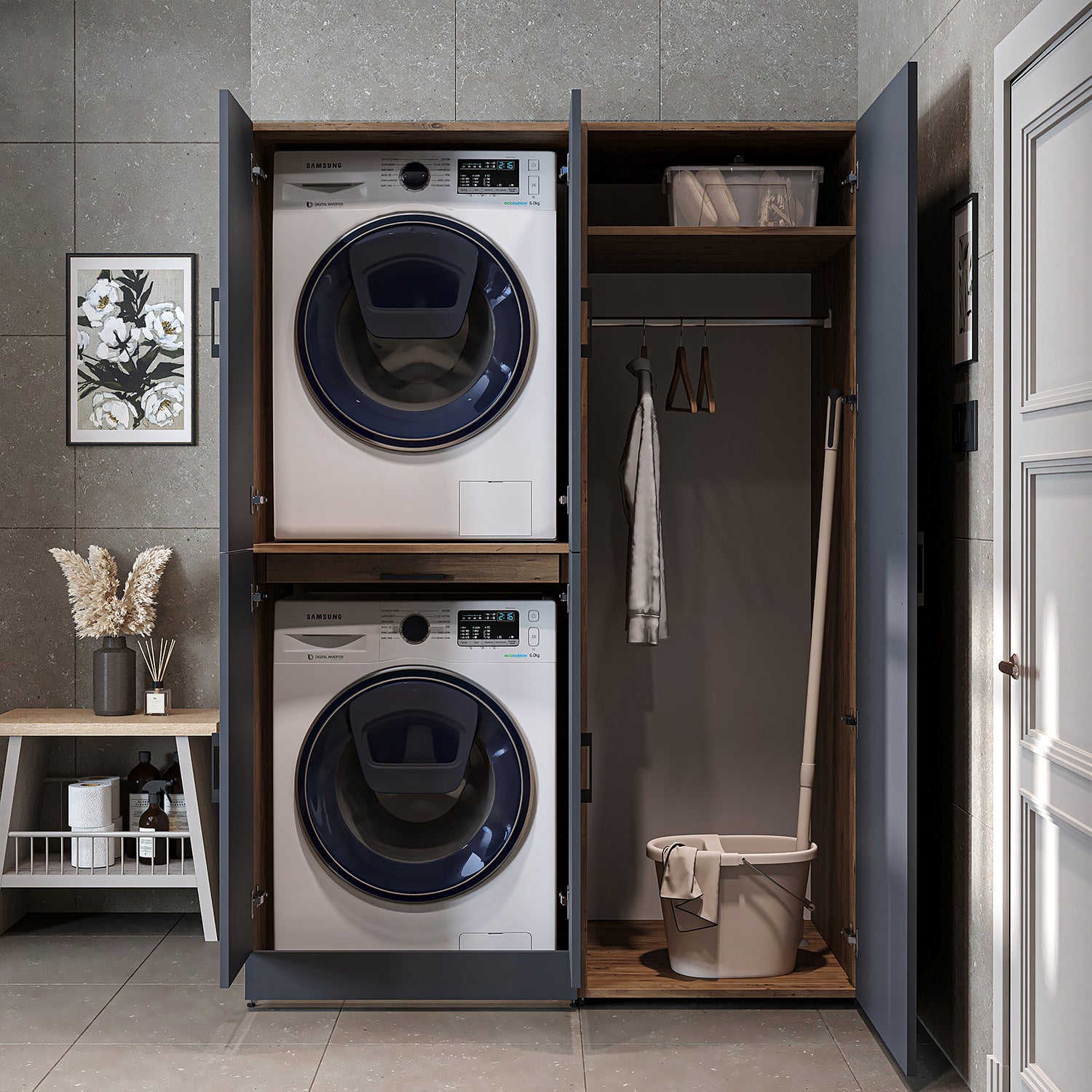 Roomart washing machine cabinet " DORA SET" for dryer & washing machine, 130 cm wide, in 4 colors, with doors & pull-out shelf - white - white oak - anthracite oak - oak - washing machine cabinet, washing machine shelf, washing tower, cabinet, white, washing machine