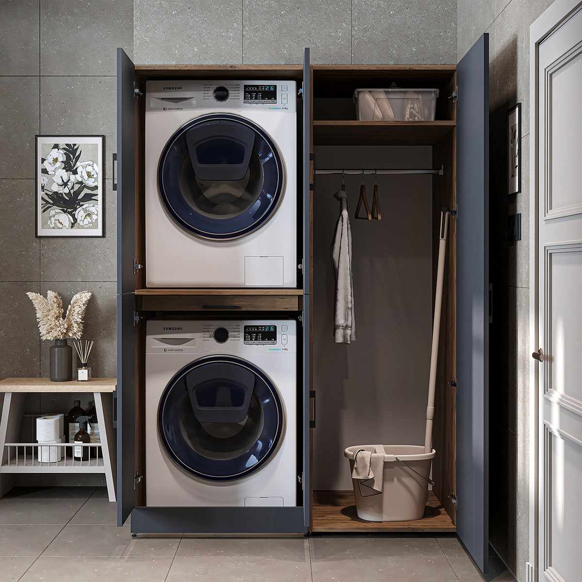 Armadio per lavatrice "DORA SET" per asciugatrice e lavatrice, larghezza 130 cm, in 4 colori, con ante e ripiano estraibile - bianco - rovere bianco - rovere antracite - rovere - armadio per lavatrice, scaffale per lavatrice, torre per lavatrice, armadio, bianco, lavatrice
