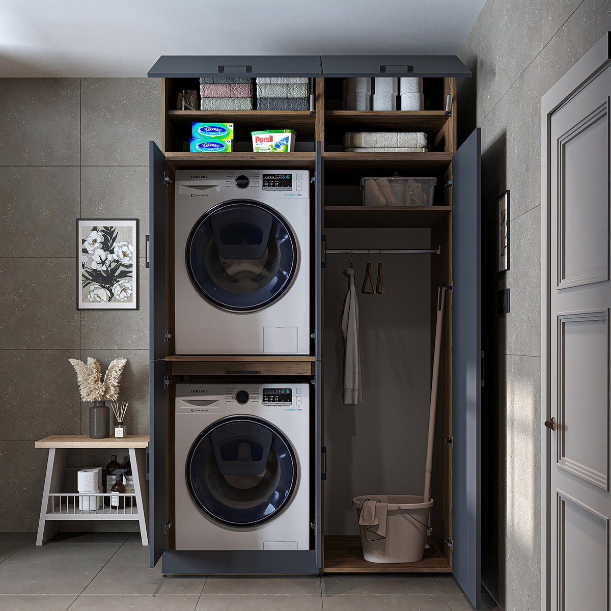 Armadio per lavatrice "DORA SET" per asciugatrice e lavatrice, larghezza 130 cm, in 4 colori, con ante e ripiano estraibile - bianco - rovere bianco - rovere antracite - rovere - armadio per lavatrice, scaffale per lavatrice, torre per lavatrice, armadio, bianco, lavatrice