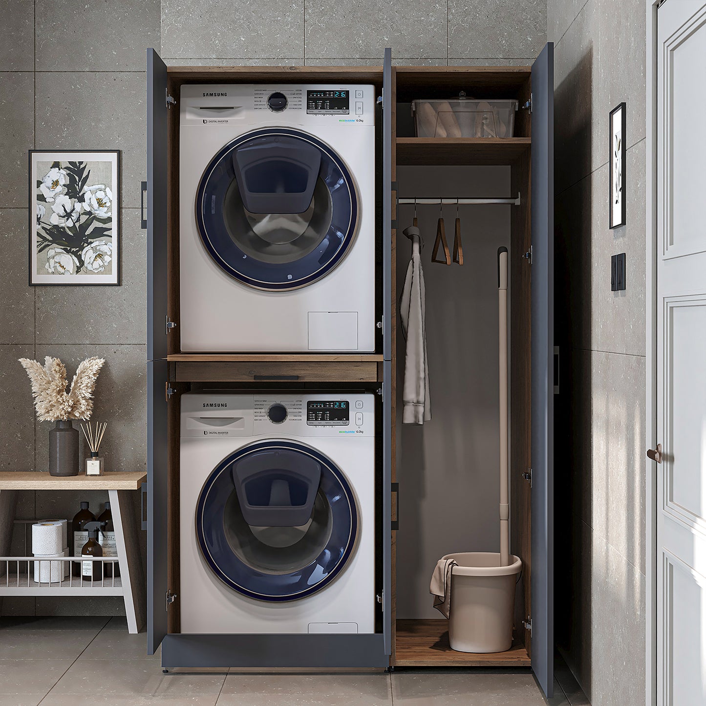 Roomart Waschmaschinenschrank " DORA SET" für Trockner & Waschmaschine, 115 cm breit, in 4 Farben, mit Türen & Ausziehbrett • Weiß • Weiß Eiche • Anthrazit Eiche • Eiche - waschmaschinenschrank, waschmaschinenregal, waschturm, schrank, weiß, waschmaschine