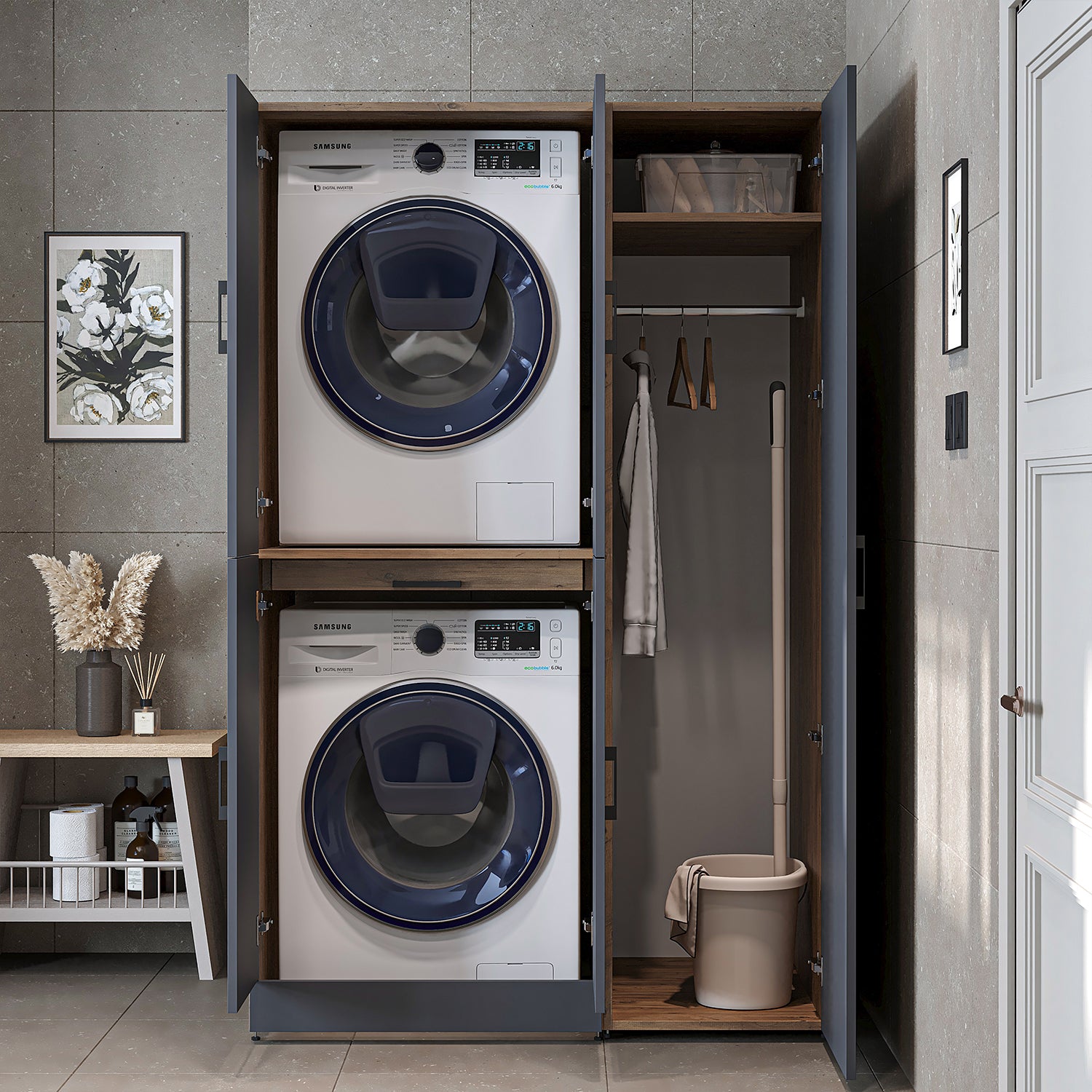 Roomart washing machine cabinet " DORA SET" for dryer & washing machine, 115 cm wide, in 4 colors, with doors & pull-out shelf - white - white oak - anthracite oak - oak - washing machine cabinet, washing machine shelf, washing tower, cabinet, white, washing machine