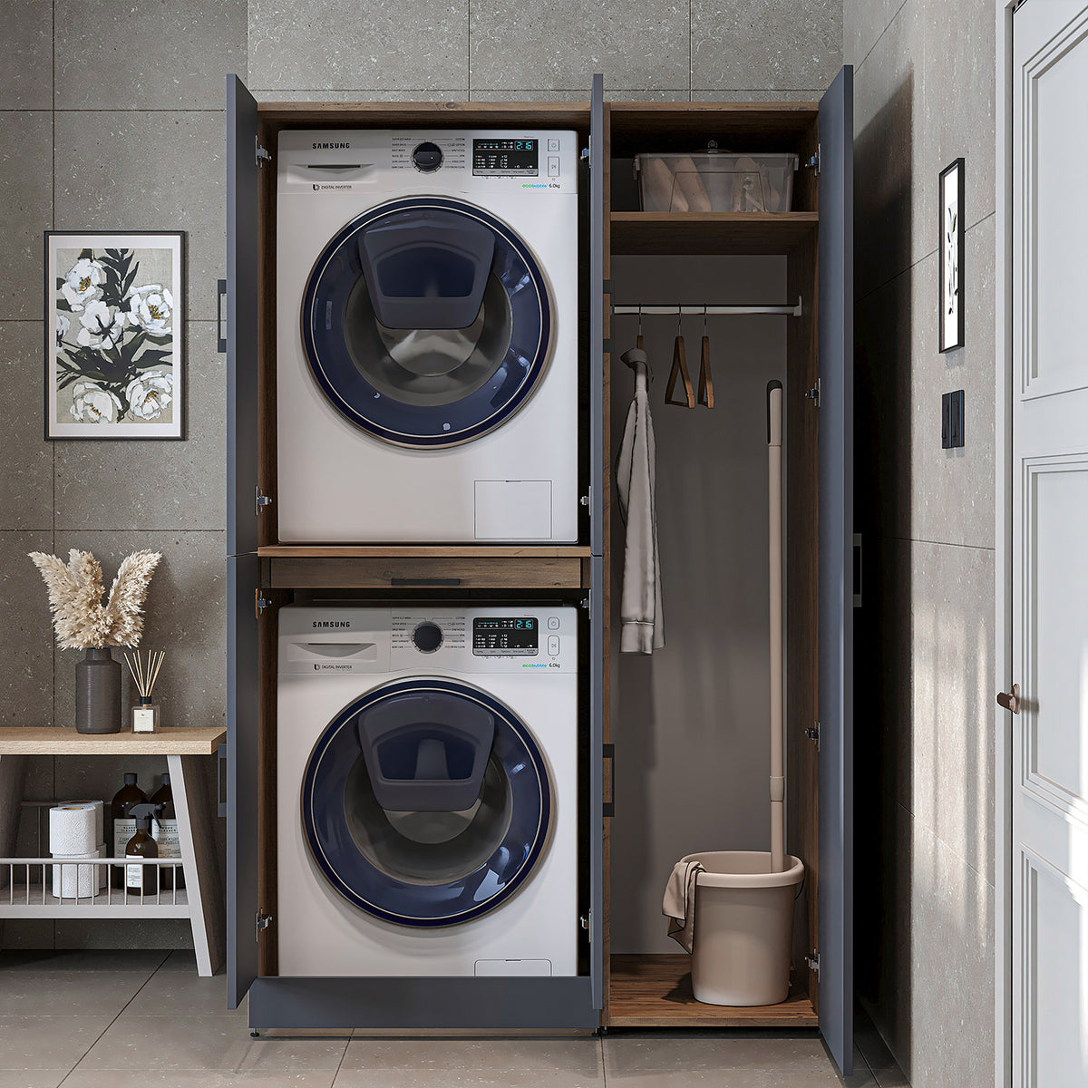 Armadio per lavatrice "DORA SET" per asciugatrice e lavatrice, larghezza 115 cm, in 4 colori, con ante e ripiano estraibile - bianco - rovere bianco - rovere antracite - rovere - armadio per lavatrice, scaffale per lavatrice, torre per lavatrice, armadio, bianco, lavatrice