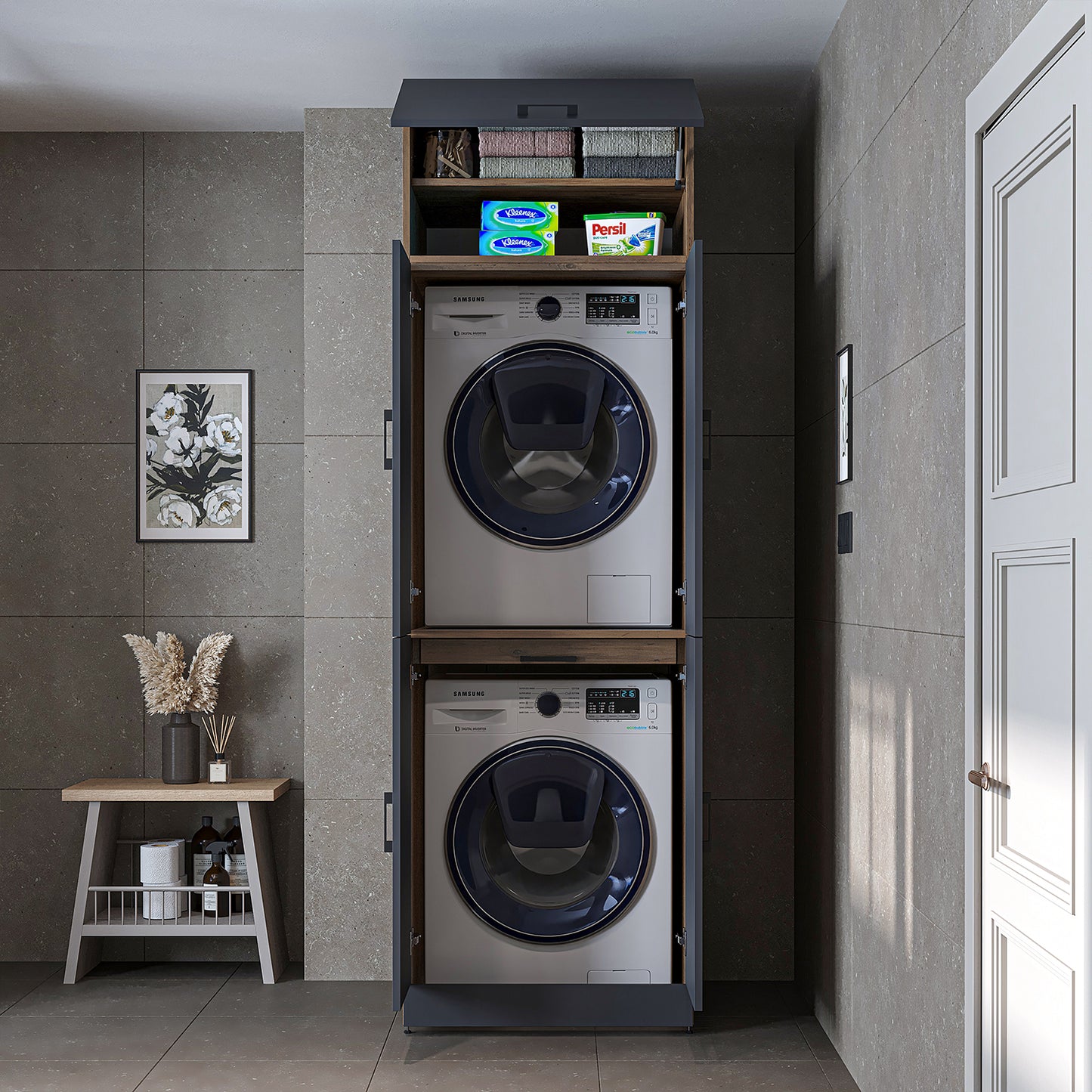 Roomart Waschmaschinenschrank " DORA " für Trockner & Waschmaschine, in 4 Farben, mit Türen & Ausziehbrett • Weiß • Weiß Eiche • Anthrazit Eiche • Eiche - waschmaschinenschrank, waschmaschinenregal, waschturm, schrank, weiß, waschmaschinen, unterschrank,